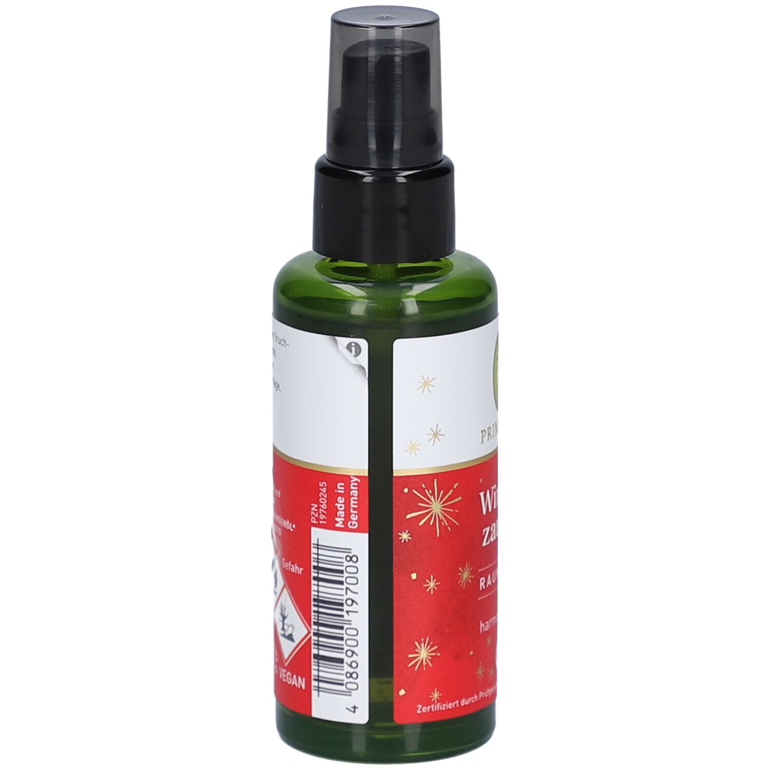 Vue arrière du flacon en verre vert avec vaporisateur noir. Étiquette avec code-barres, symboles d'avertissement et texte. Fabriqué en Allemagne.