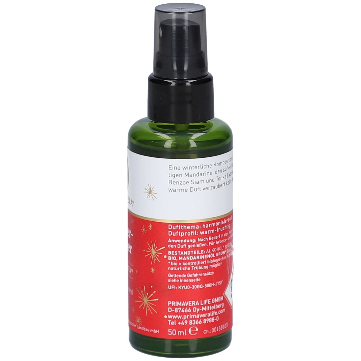 Flacon en verre vert avec vaporisateur noir. Étiquette avec informations produit, ingrédients et 50ml. Label Vegan.