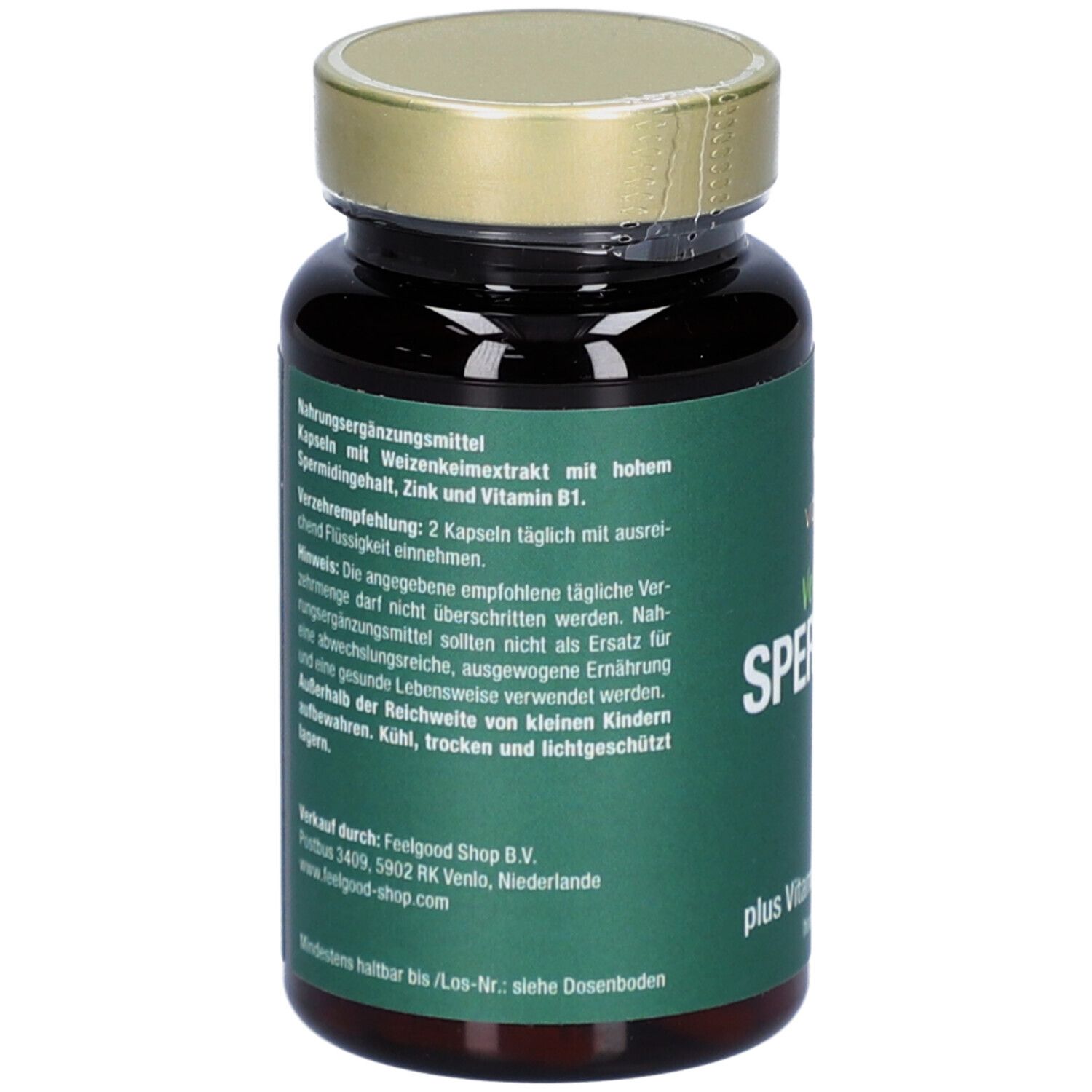 Dos d'un flacon brun avec texte vert. Texte sur les ingrédients et les recommandations de consommation.