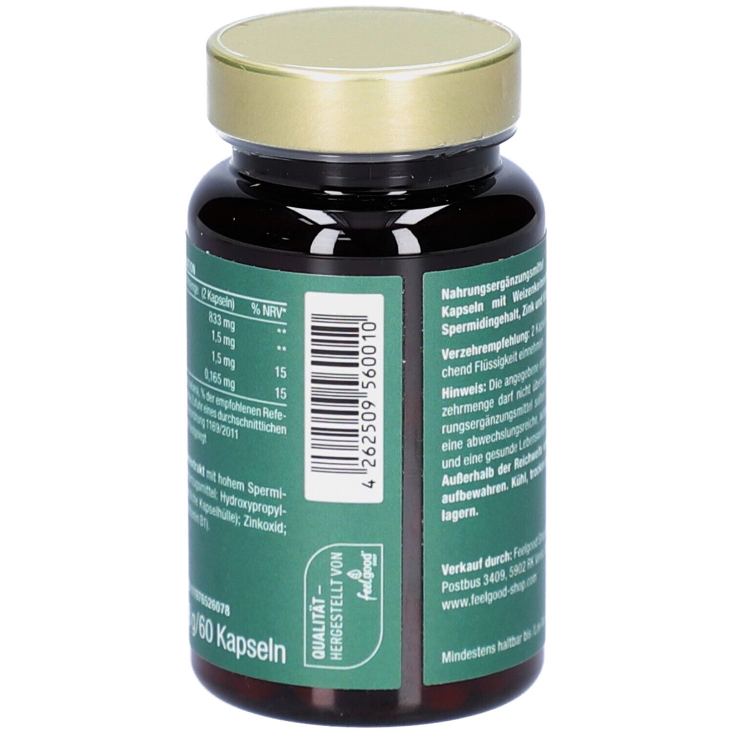 Dos d'un flacon brun avec texte vert. Contient des informations nutritionnelles et un code-barres.