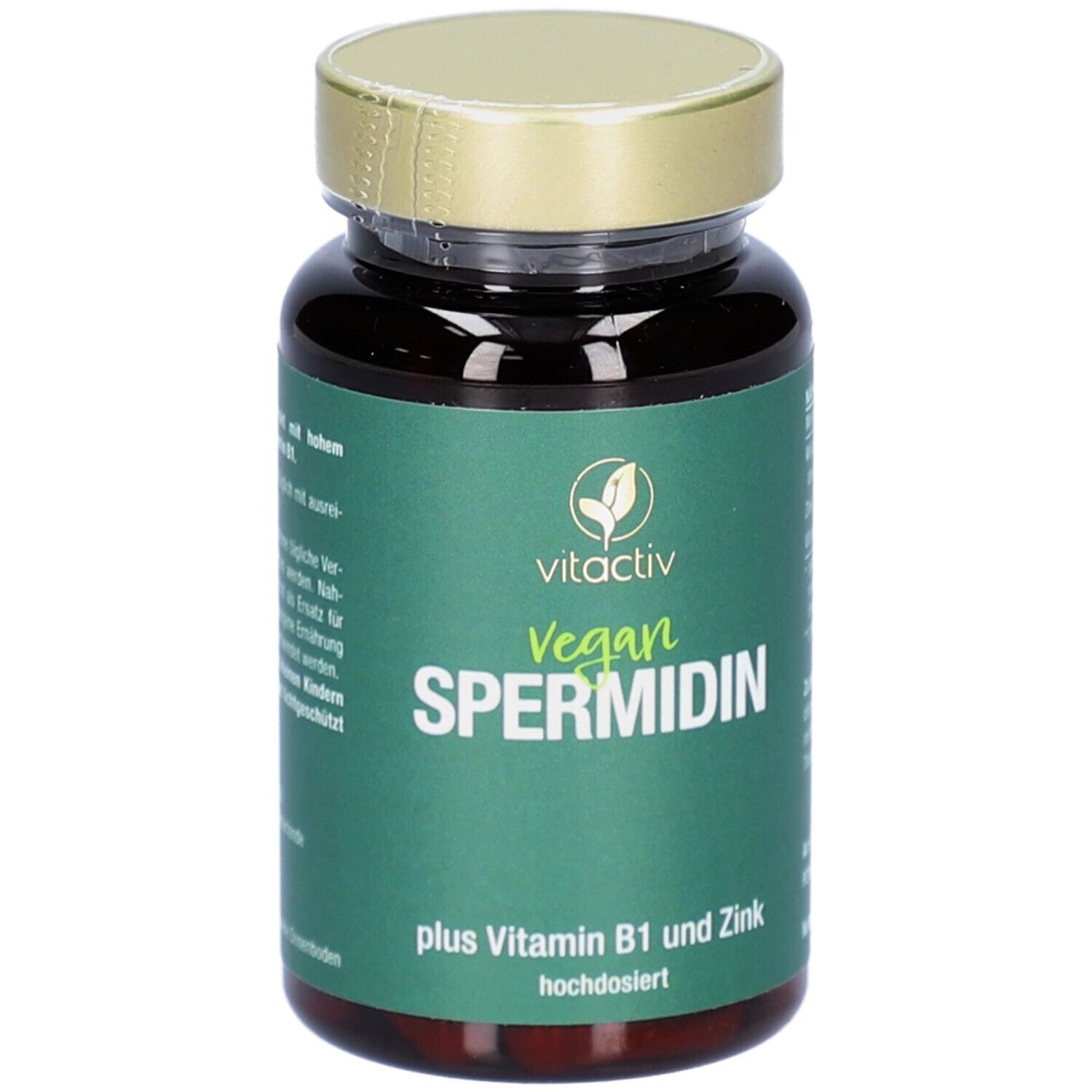 Flacon brun avec texte vert. Contient des gélules. Inscription : Vegan Spermidin, plus vitamine B1 et zinc.