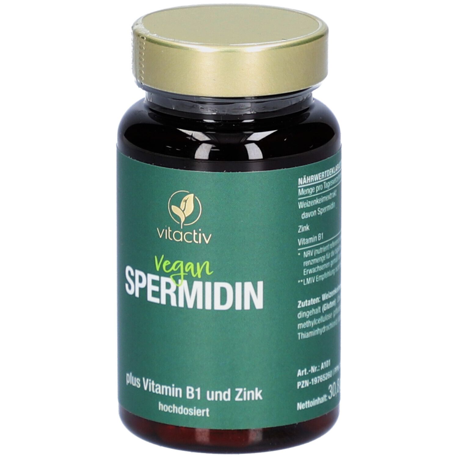 Flacon brun avec texte vert. Contient des gélules. Inscription : Vegan Spermidin, plus vitamine B1 et zinc.