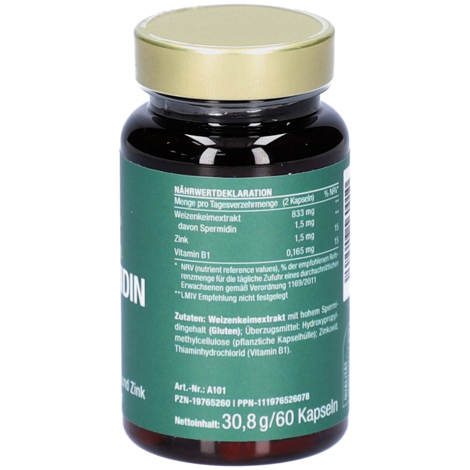 Dos d'un flacon brun avec texte vert. Contient des informations nutritionnelles et des ingrédients.