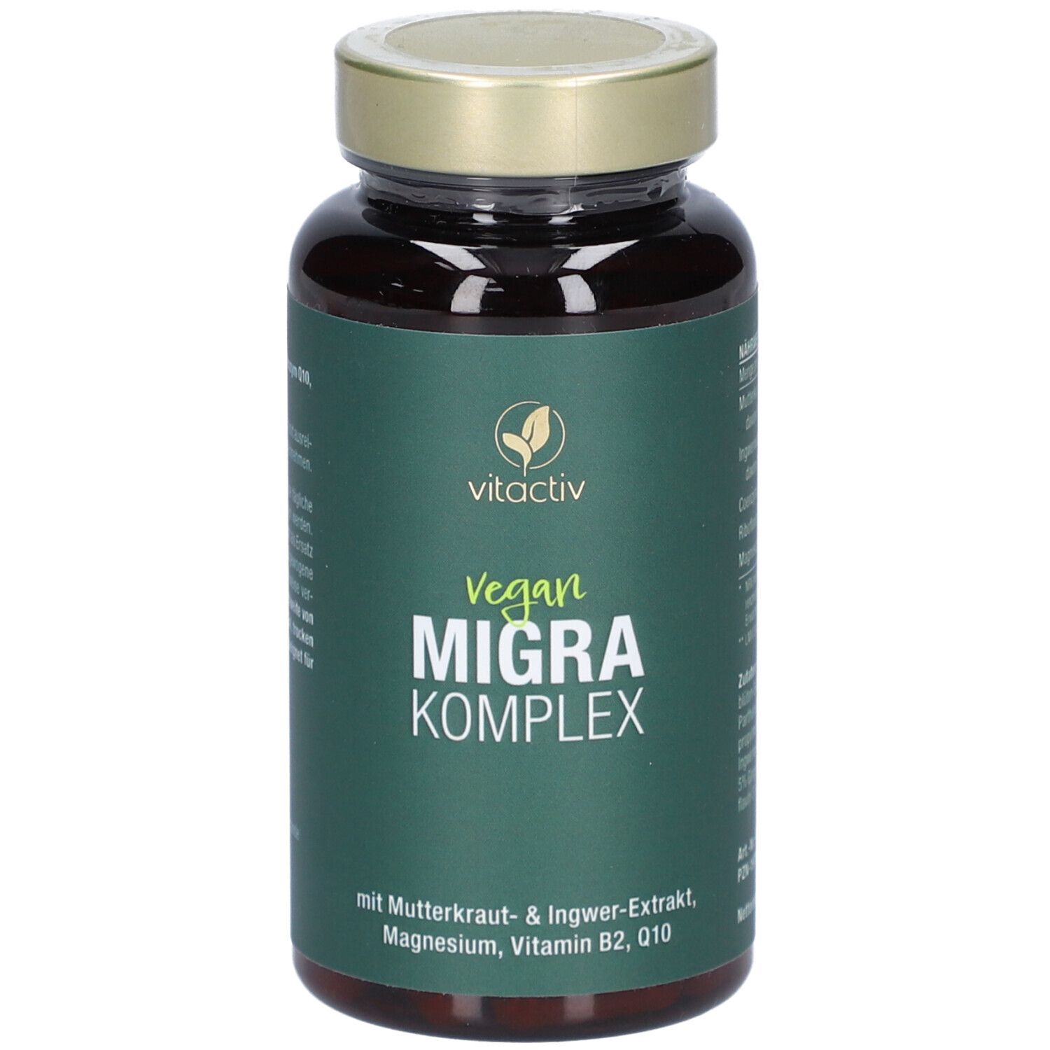 Braune Kapsel-Dose mit grünem Etikett. Aufschrift: Vegan Migra Komplex. Enthält Mutterkraut, Ingwer, Magnesium, Q10.