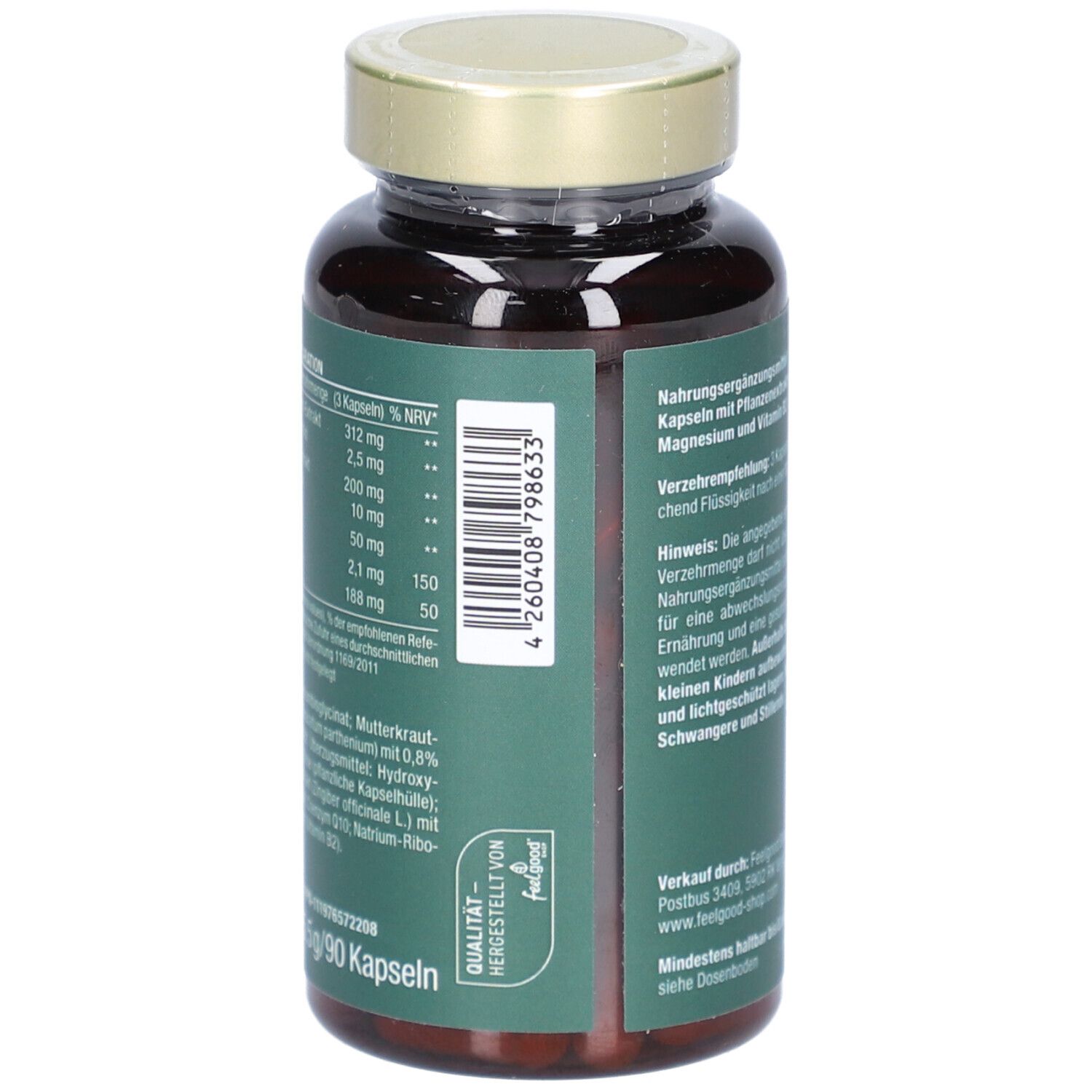 Kapsel-Dose mit Nährwerttabelle und Barcode. Aufschrift: 90 Kapseln. Hergestellt von Feelgood.