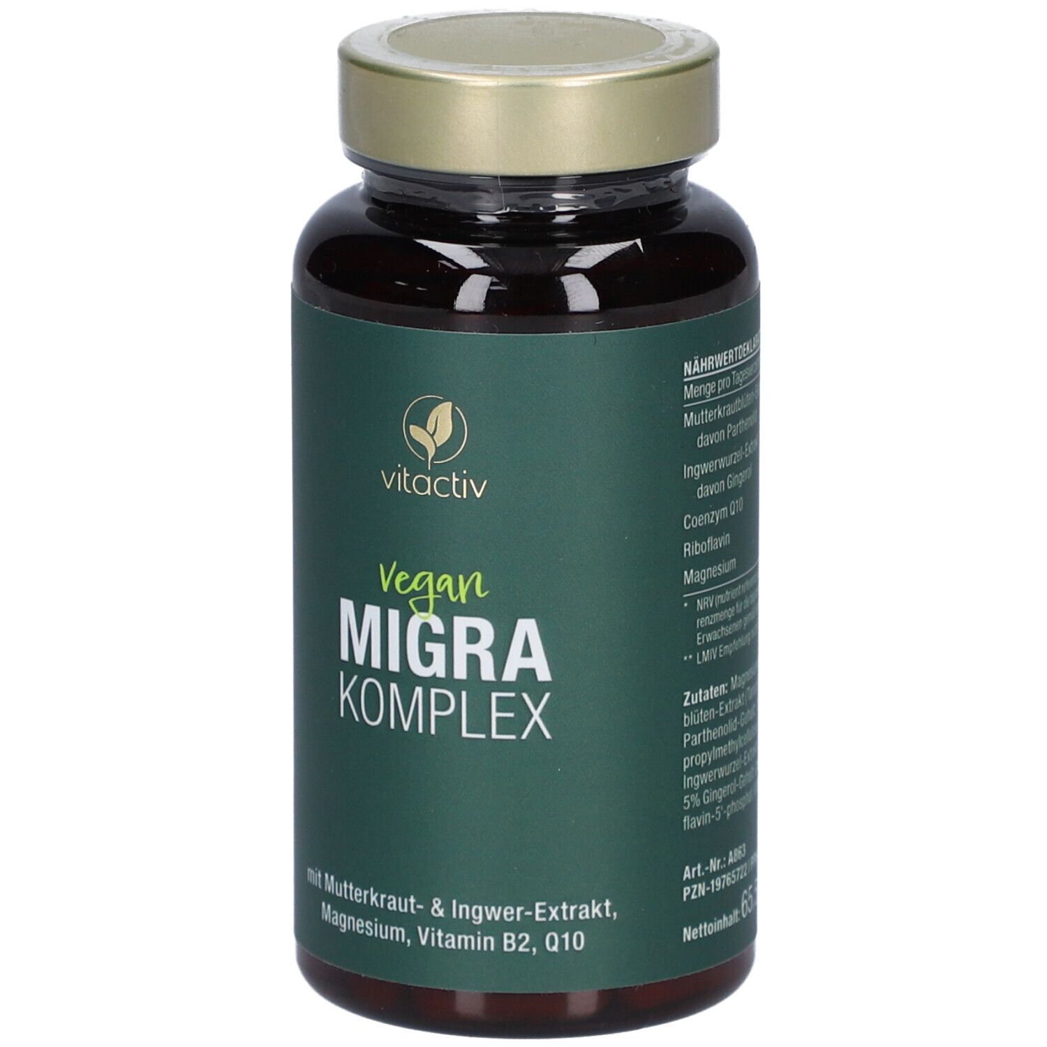Braune Kapsel-Dose mit grünem Etikett. Aufschrift: Vegan Migra Komplex. Enthält Mutterkraut, Ingwer, Magnesium, Q10.