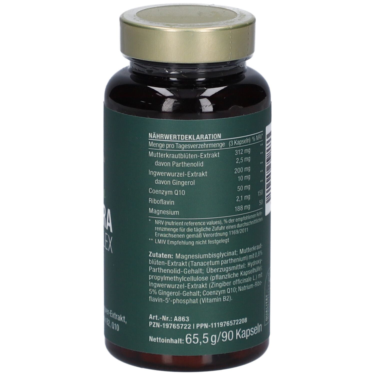 Kapsel-Dose mit Nährwerttabelle. Aufschrift: Vegan Migra Komplex. Enthält Mutterkraut, Ingwer, Magnesium, Q10. 90 Kapseln.