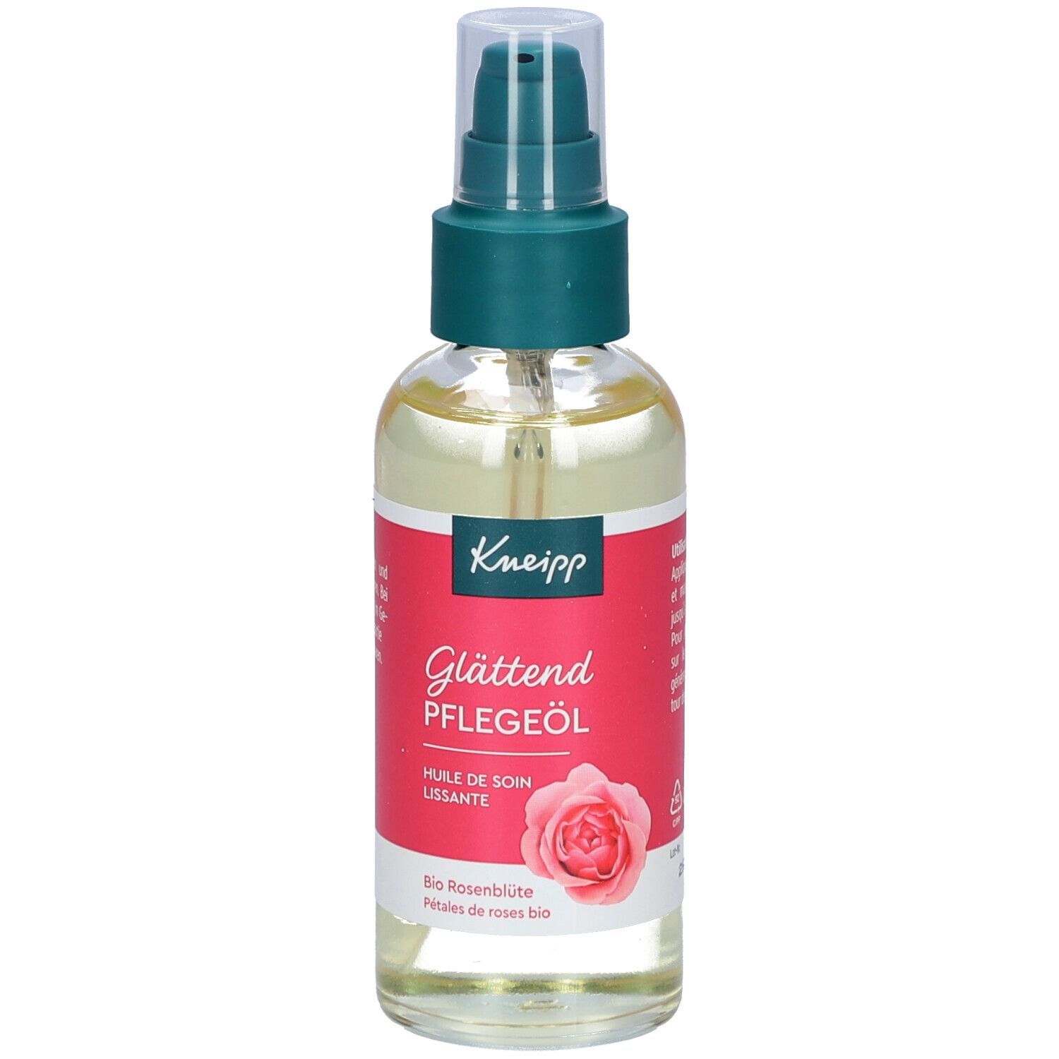 Kneipp Glättend Pflegeöl in Glasflasche mit Pumpspender. Rotes Etikett mit Rosenmotiv.