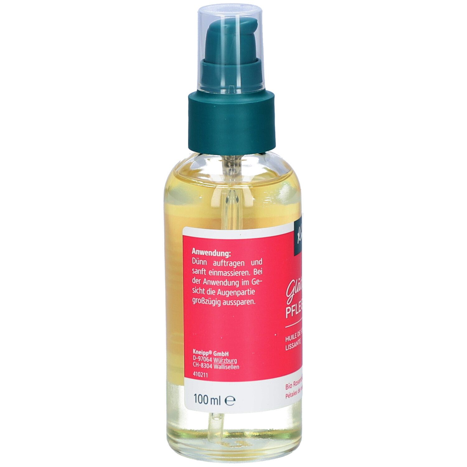 Rückseite Kneipp Glättend Pflegeöl. Etikett mit Anwendungshinweisen und 100 ml Angabe.