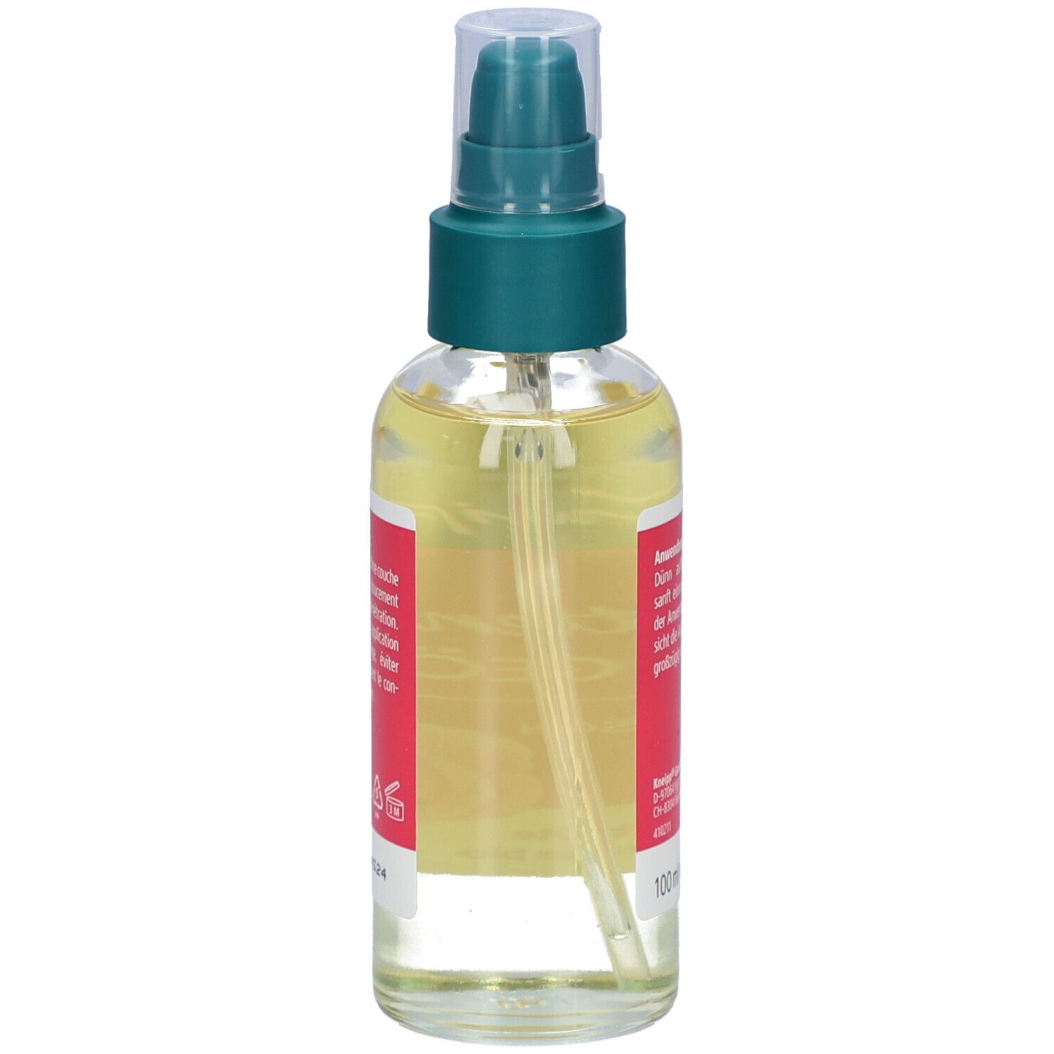 Kneipp Glättend Pflegeöl, Seitenansicht. Glasflasche mit Pumpspender und rotem Etikett.