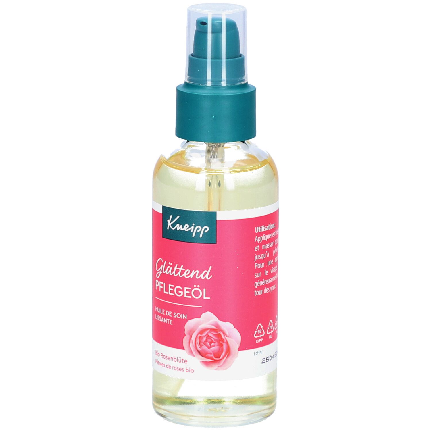 Kneipp Glättend Pflegeöl in Glasflasche mit Pumpspender. Rotes Etikett mit Rosenmotiv.