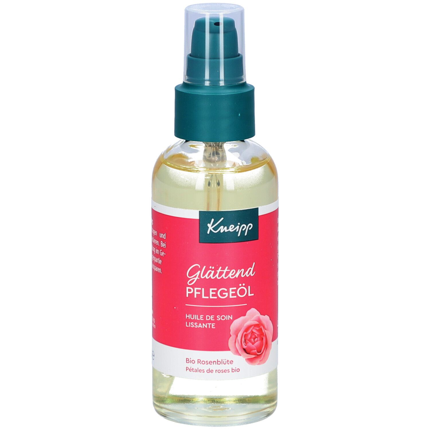 Kneipp Glättend Pflegeöl in Glasflasche mit Pumpspender. Rotes Etikett mit Rosenmotiv.