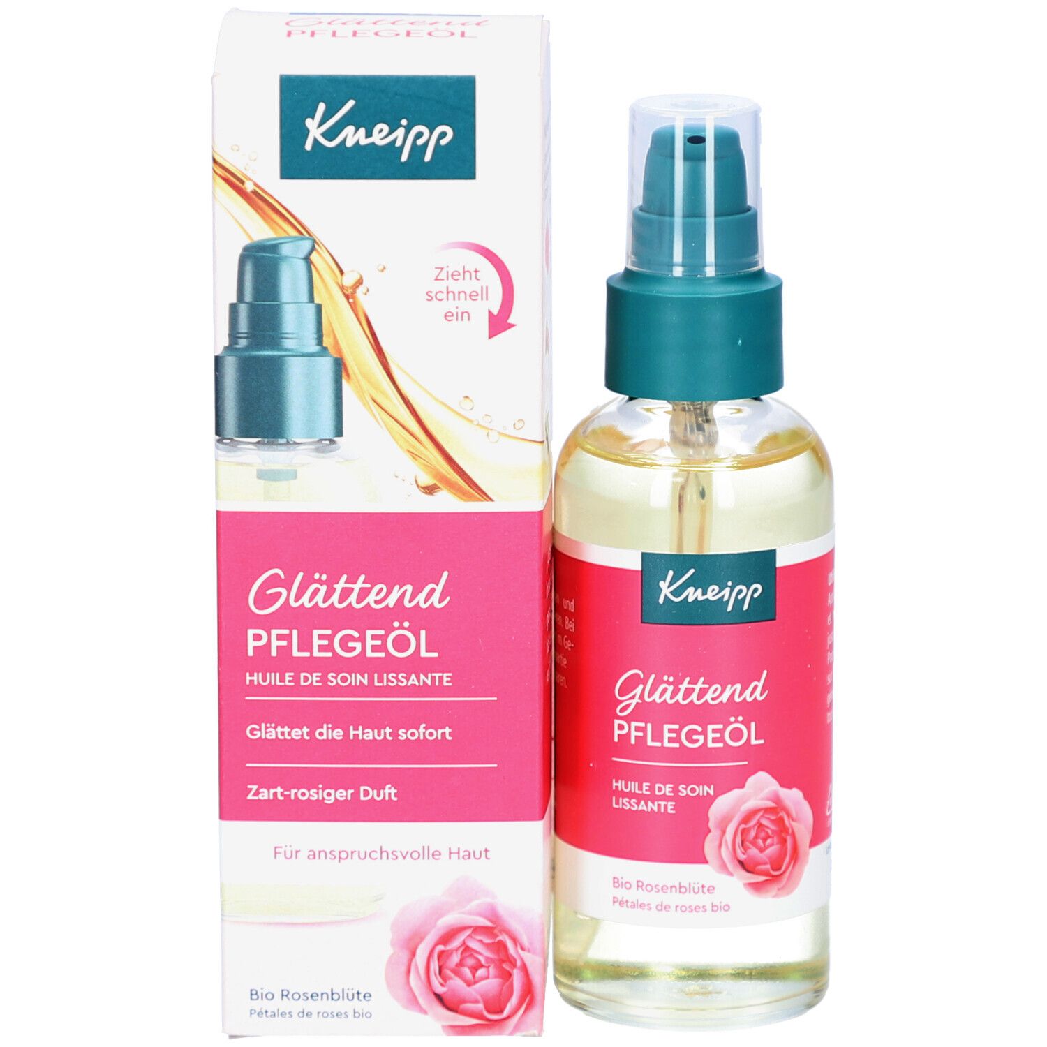 Kneipp Glättend Pflegeöl und Verpackung. Flasche mit Pumpspender, Karton mit Rosenabbildung.