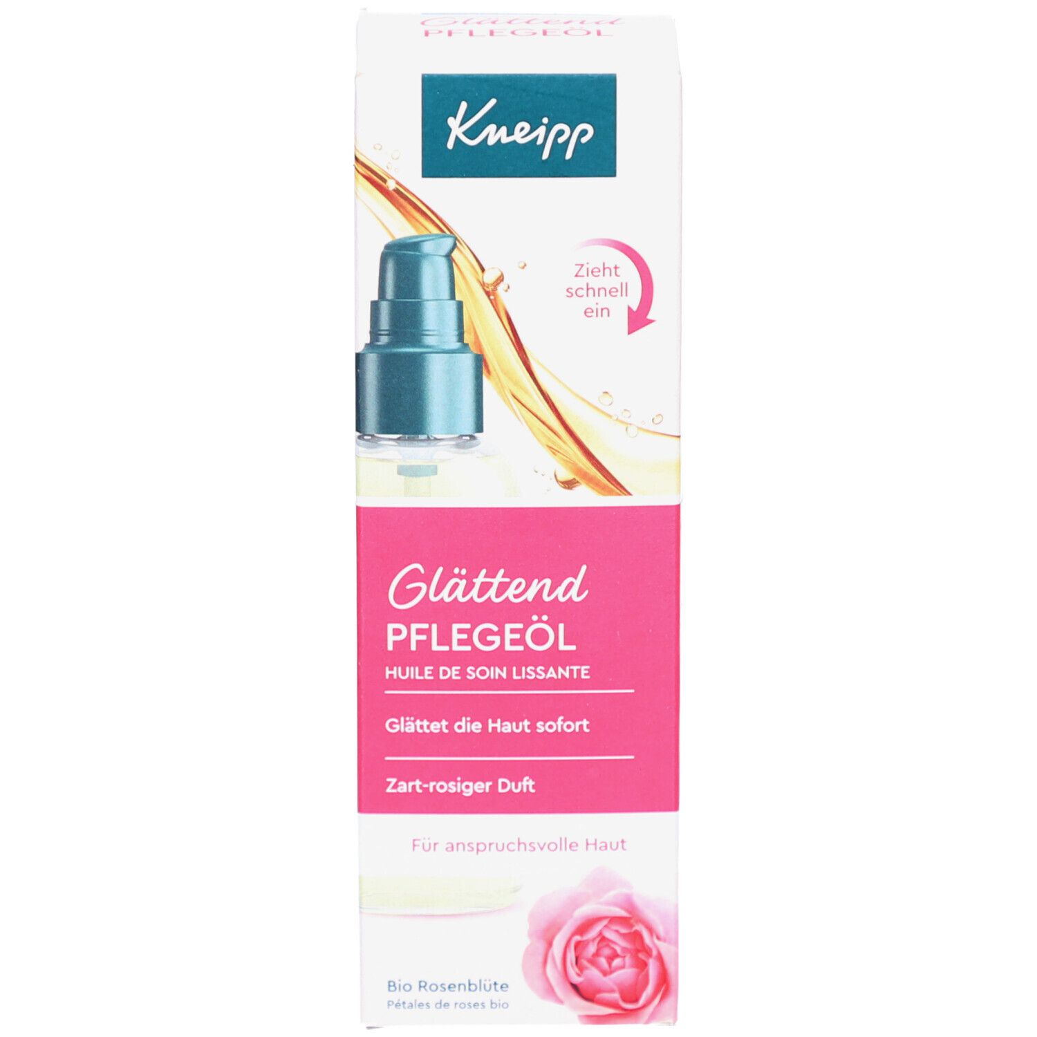 Verpackung Kneipp Glättend Pflegeöl. Karton mit Produktabbildung und Hinweisen.