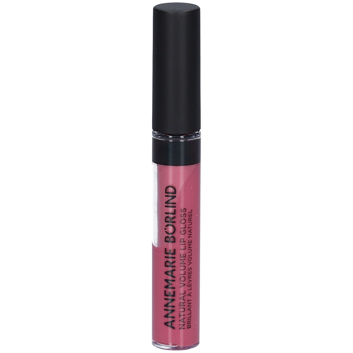 Lippgloss mit schwarzem Deckel. Farbe: Snuggle Berry. Aufschrift: ANNEMARIE BÖRLIND NATURAL VOLUME LIP GLOSS.