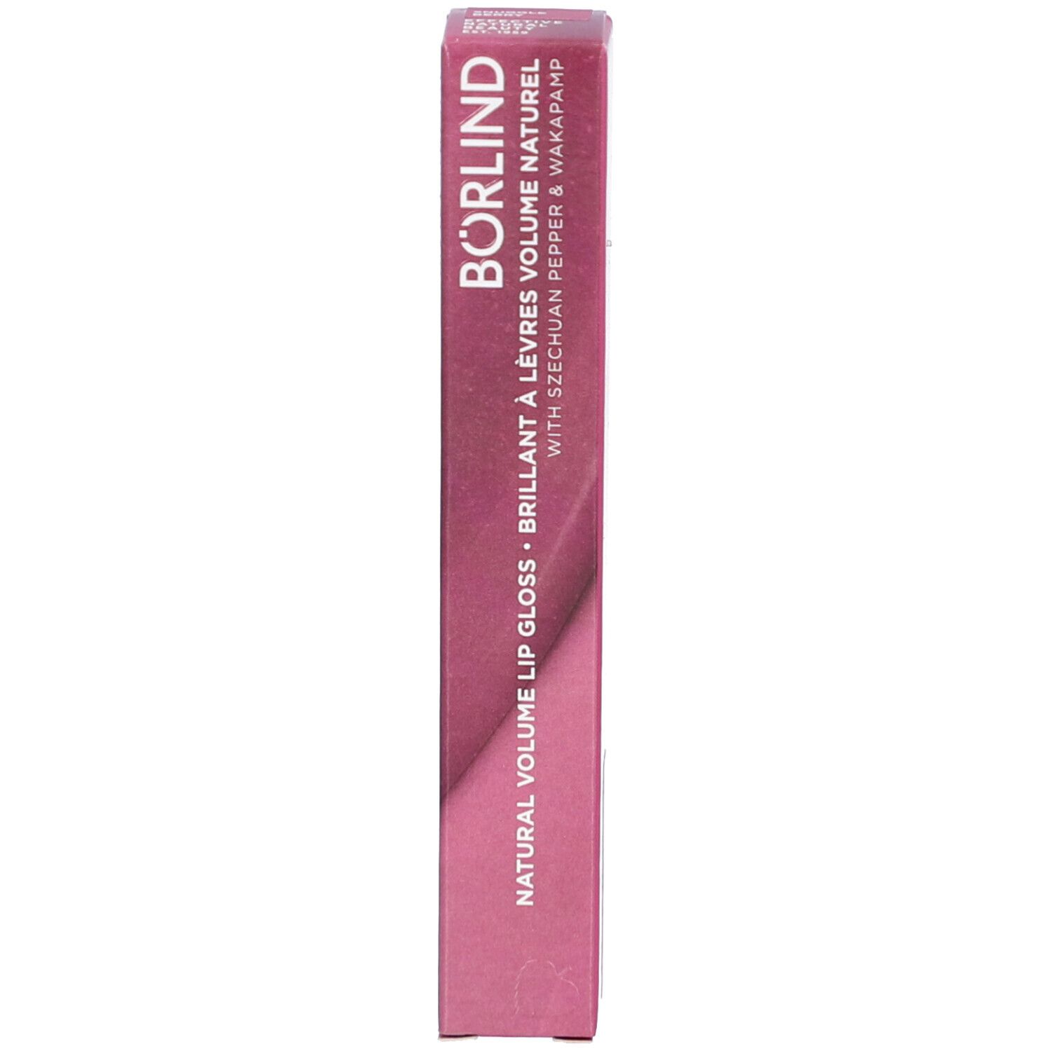 Verpackung des Lippglosses. Aufschrift: BÖRLIND NATURAL VOLUME LIP GLOSS. Mit Szechuan Pepper & Wakapamp.