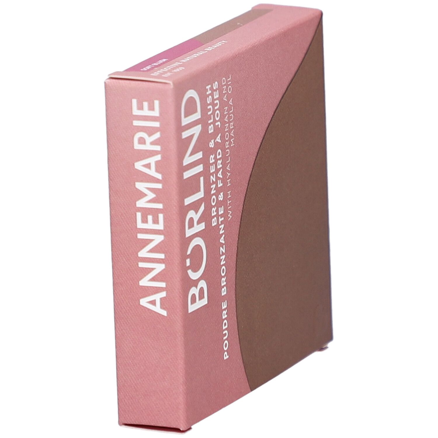 Rosa-braune Kartonverpackung. Text: ANNEMARIE BÖRLIND, Bronzer & Blush, Poudre Bronzante & Fard à Joues, mit Hyaluron und Marulaöl.
