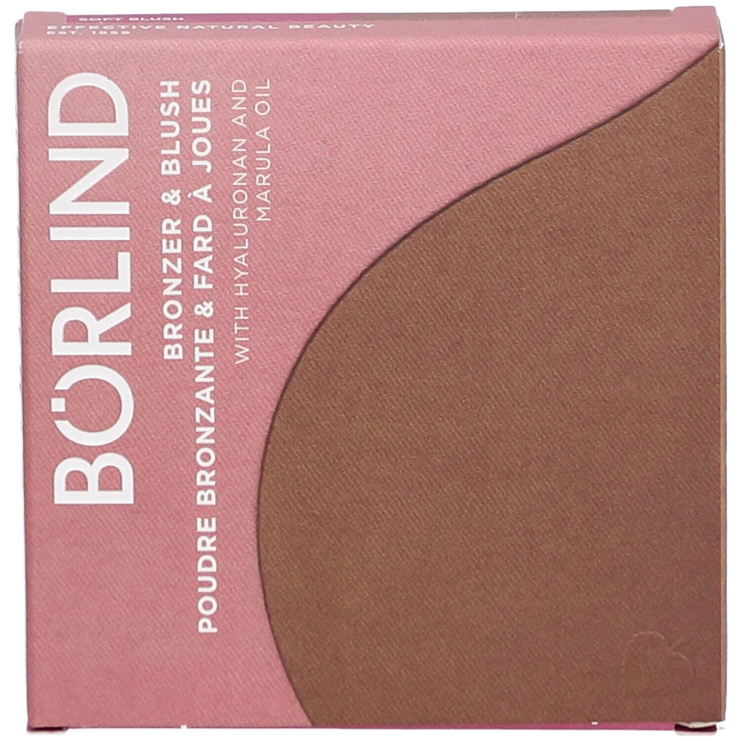 Rosa-braune Kartonverpackung. Text: BÖRLIND, Bronzer & Blush, Poudre Bronzante & Fard à Joues, mit Hyaluron und Marulaöl.