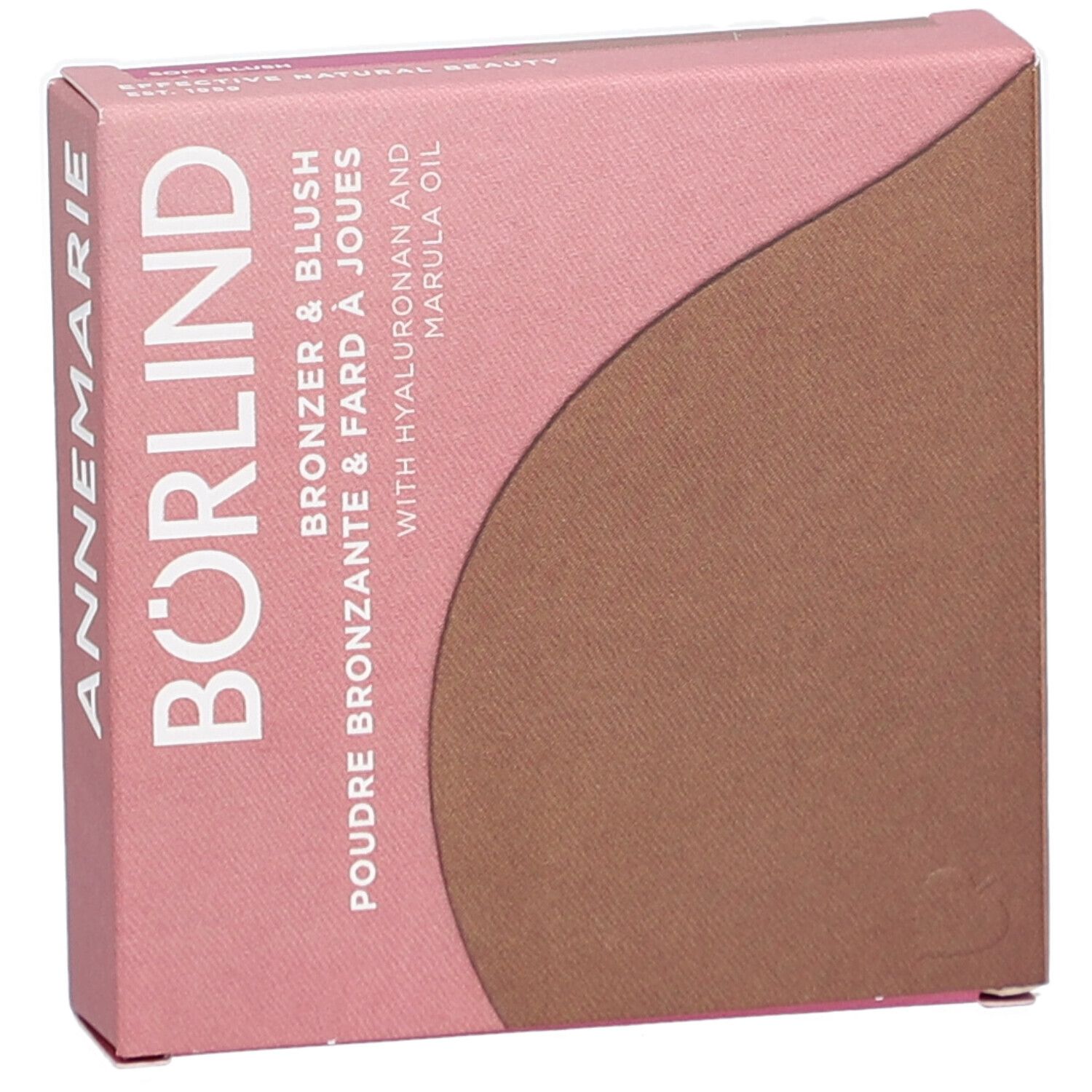 Rosa-braune Kartonverpackung. Text: ANNEMARIE BÖRLIND, Bronzer & Blush, Poudre Bronzante & Fard à Joues, mit Hyaluron und Marulaöl.