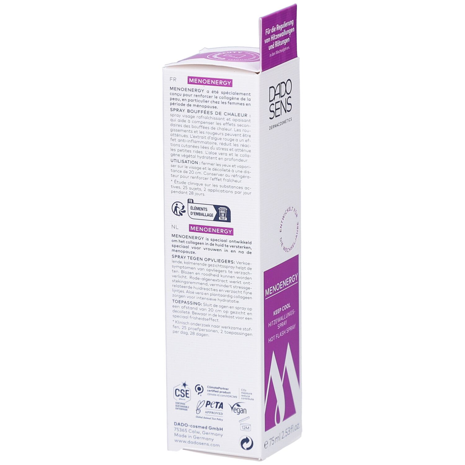 Seitenansicht der Verpackung. Text in Deutsch, Französisch, Niederländisch. Logos: CSE, PETA, Vegan. Volumen: 75ml.