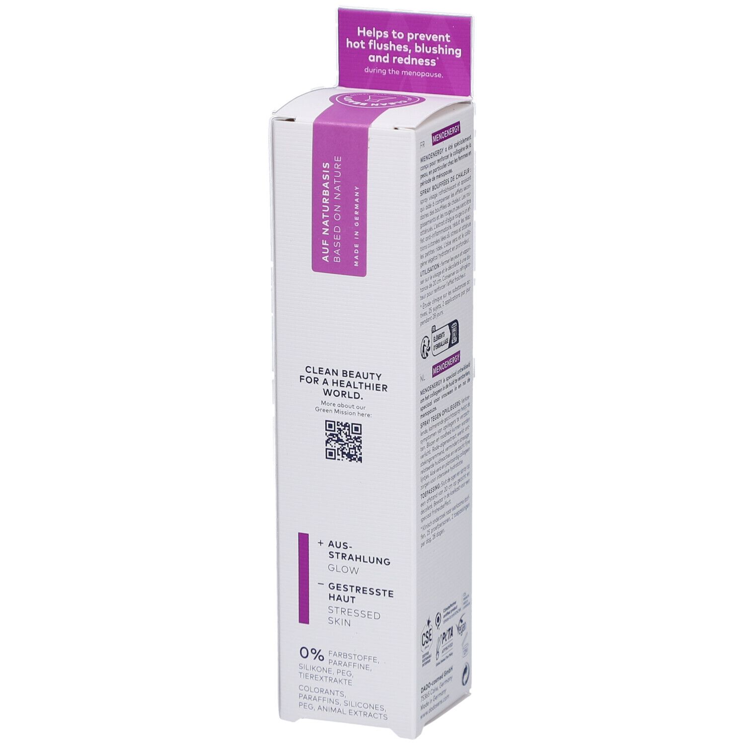 Verpackung mit Text: Auf Naturbasis, Clean Beauty. QR-Code. Text: + Ausstrahlung Glow, - Gestresste Haut. 0% Inhaltsstoffe.