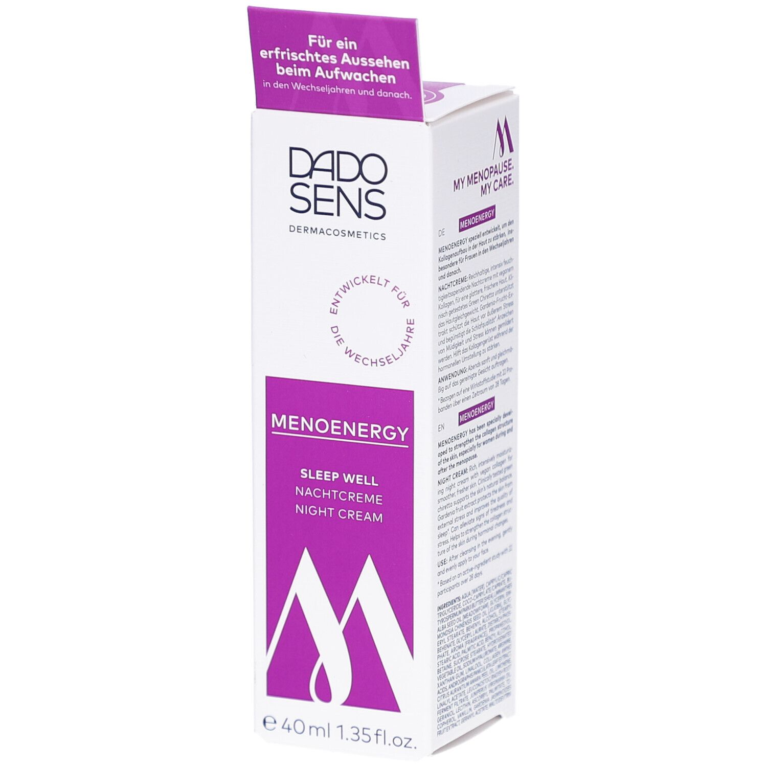 Verpackung von DADOSENS MENOENERGY SLEEP WELL Nachtcreme. Lila Akzente, Produktname und Logo deutlich sichtbar. 40ml.