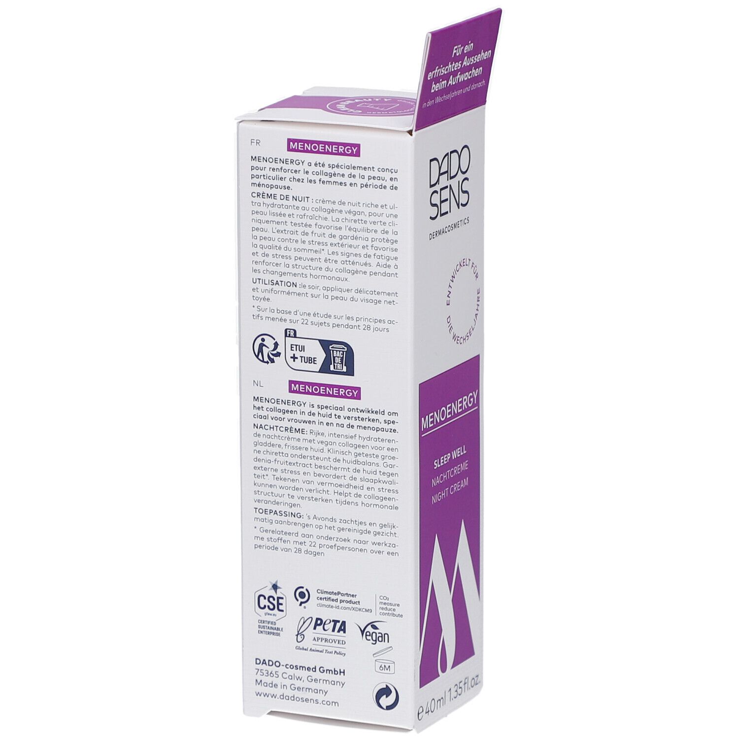 Rückseite der Verpackung von DADOSENS MENOENERGY SLEEP WELL Nachtcreme. Text in mehreren Sprachen, Logos und Zertifizierungen.