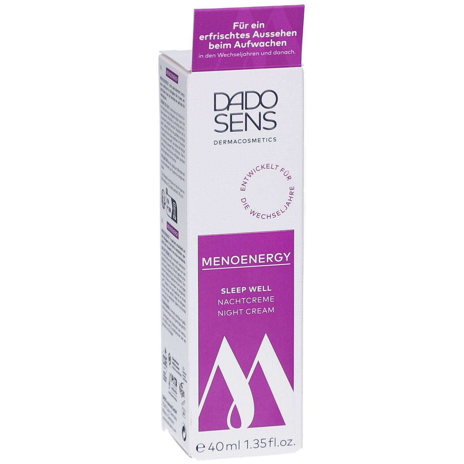 Vorderseite der Verpackung von DADOSENS MENOENERGY SLEEP WELL Nachtcreme. Produktname, Logo und Text deutlich sichtbar.