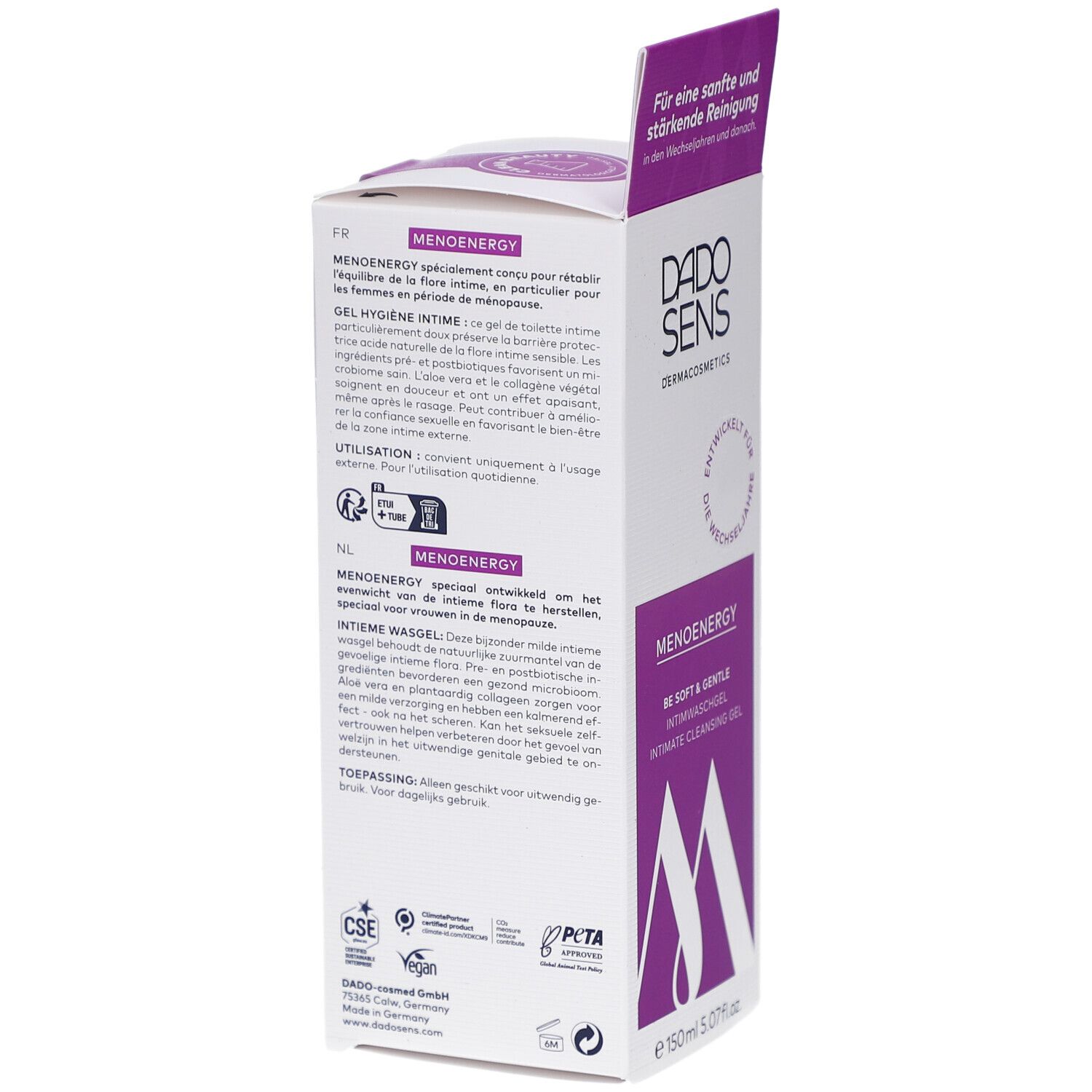 Boîte DADO SENS MENOENERGY. Dos avec texte en allemand, français, néerlandais. Logos : CSE, PETA. Fabriqué en Allemagne.