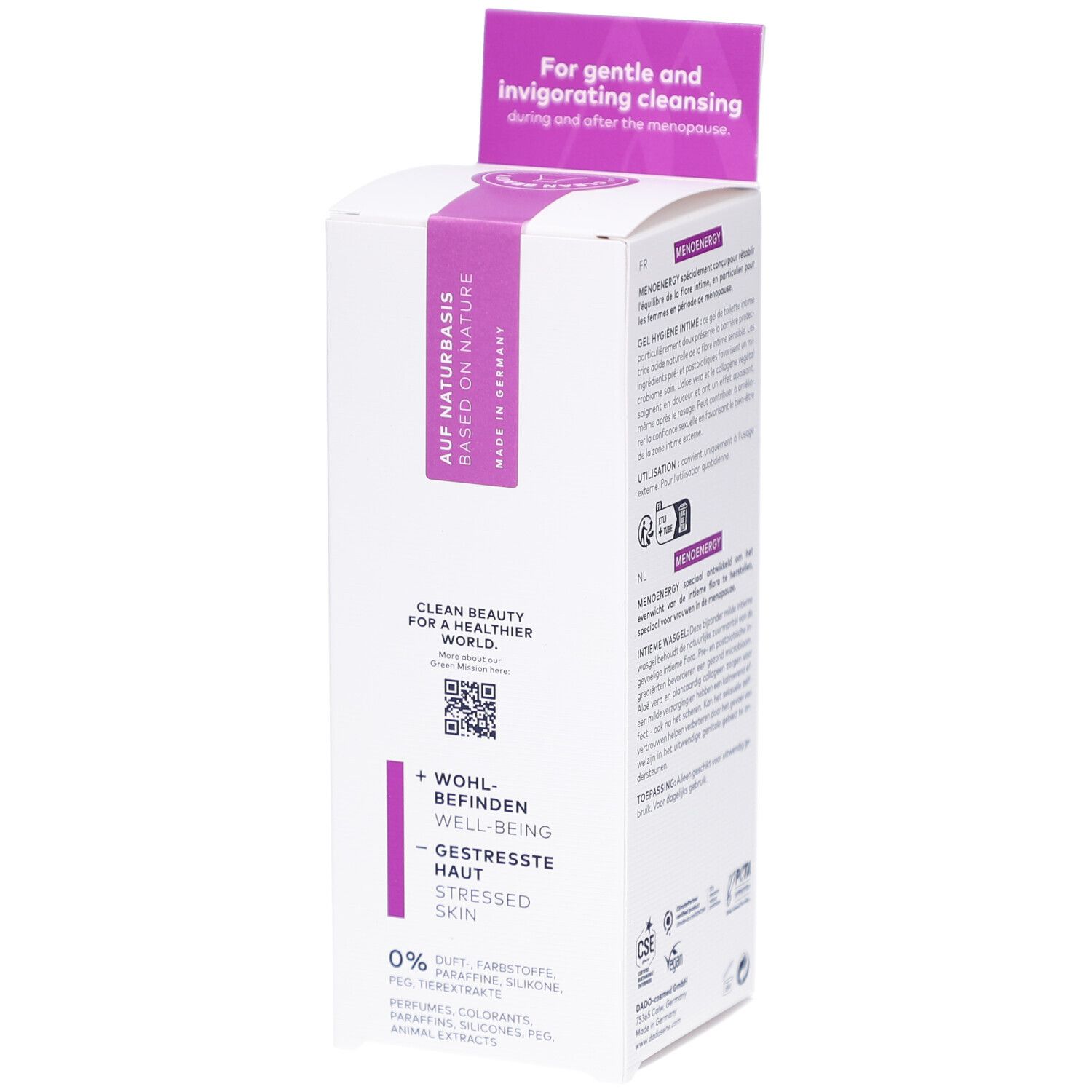 Boîte DADO SENS MENOENERGY. Inscription : Sur base naturelle, Fabriqué en Allemagne. Texte : Clean Beauty. Code QR.