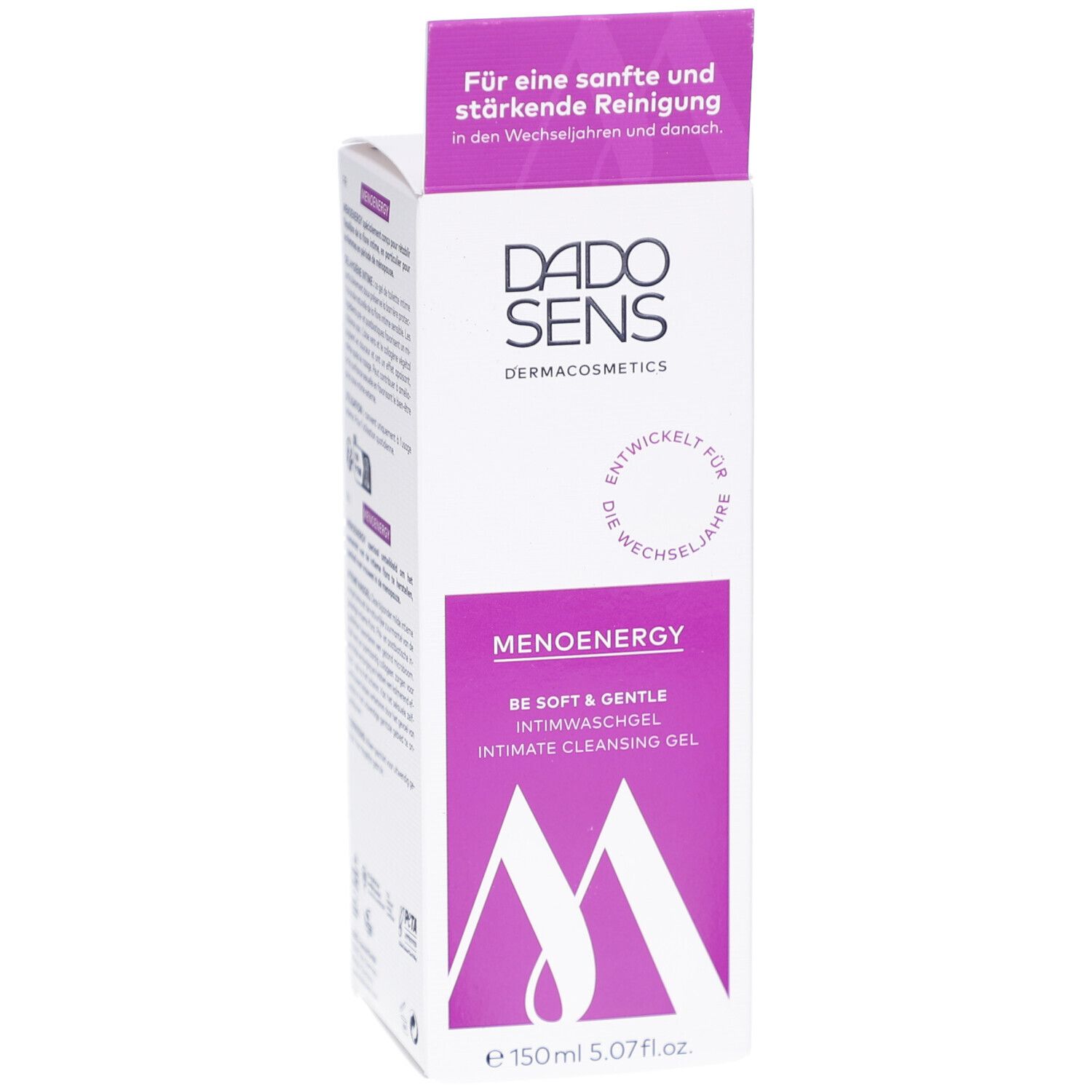 Boîte blanche avec accents violets. Inscription : DADO SENS, MENOENERGY, gel lavant intime. Volume : 150 ml. Vue en biais.
