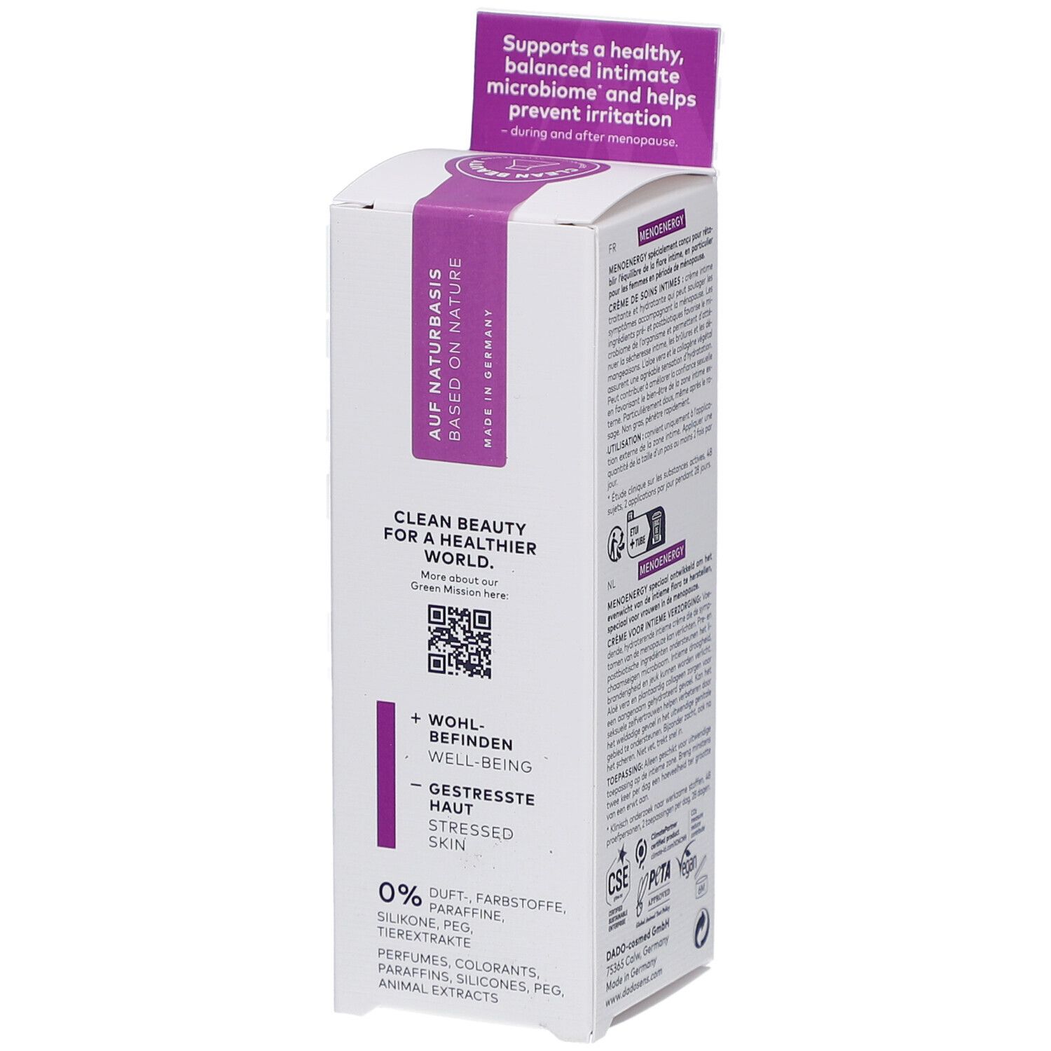 Boîte blanche avec bande violette. Inscription: AUF NATURBASIS. Texte: CLEAN BEAUTY FOR A HEALTHIER WORLD. Logo.