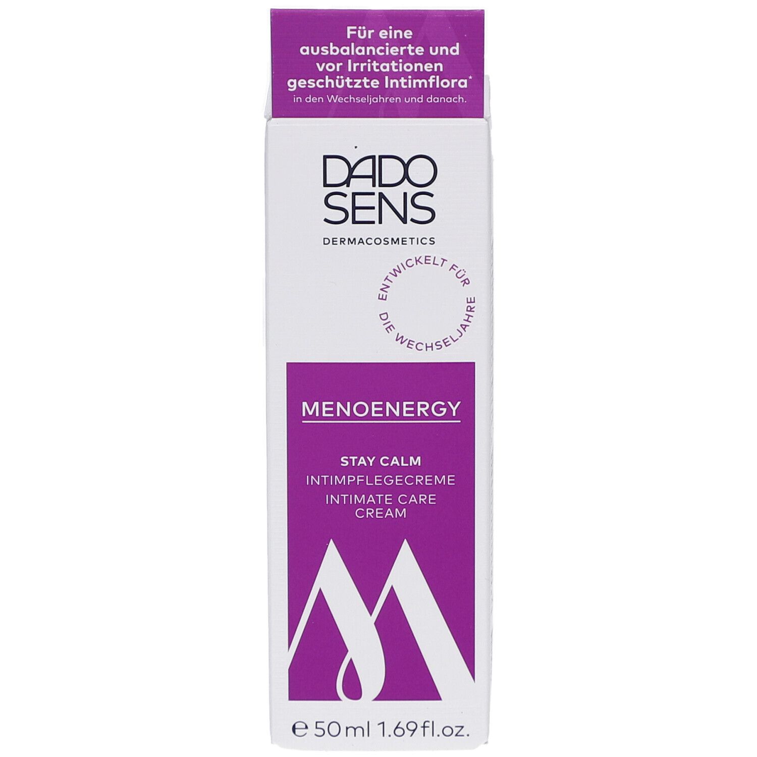 Boîte blanche et violette. Inscription: DADOSENS MENOENERGY STAY CALM Crème intime. 50ml. Logo.
