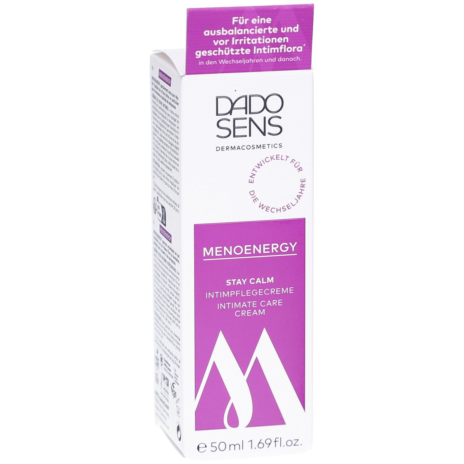 Boîte blanche et violette. Inscription: DADOSENS MENOENERGY STAY CALM Crème intime. 50ml. Logo.