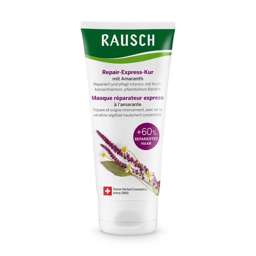 Tube blanc avec bouchon vert et inscription RAUSCH. Nom du produit: Repair-Express-Kur mit Amaranth. Cosmétiques aux herbes suisses.
