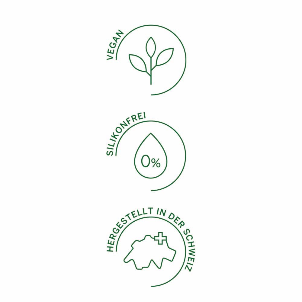 Trois logos verts: Vegan, sans silicone (0%), fabriqué en Suisse.
