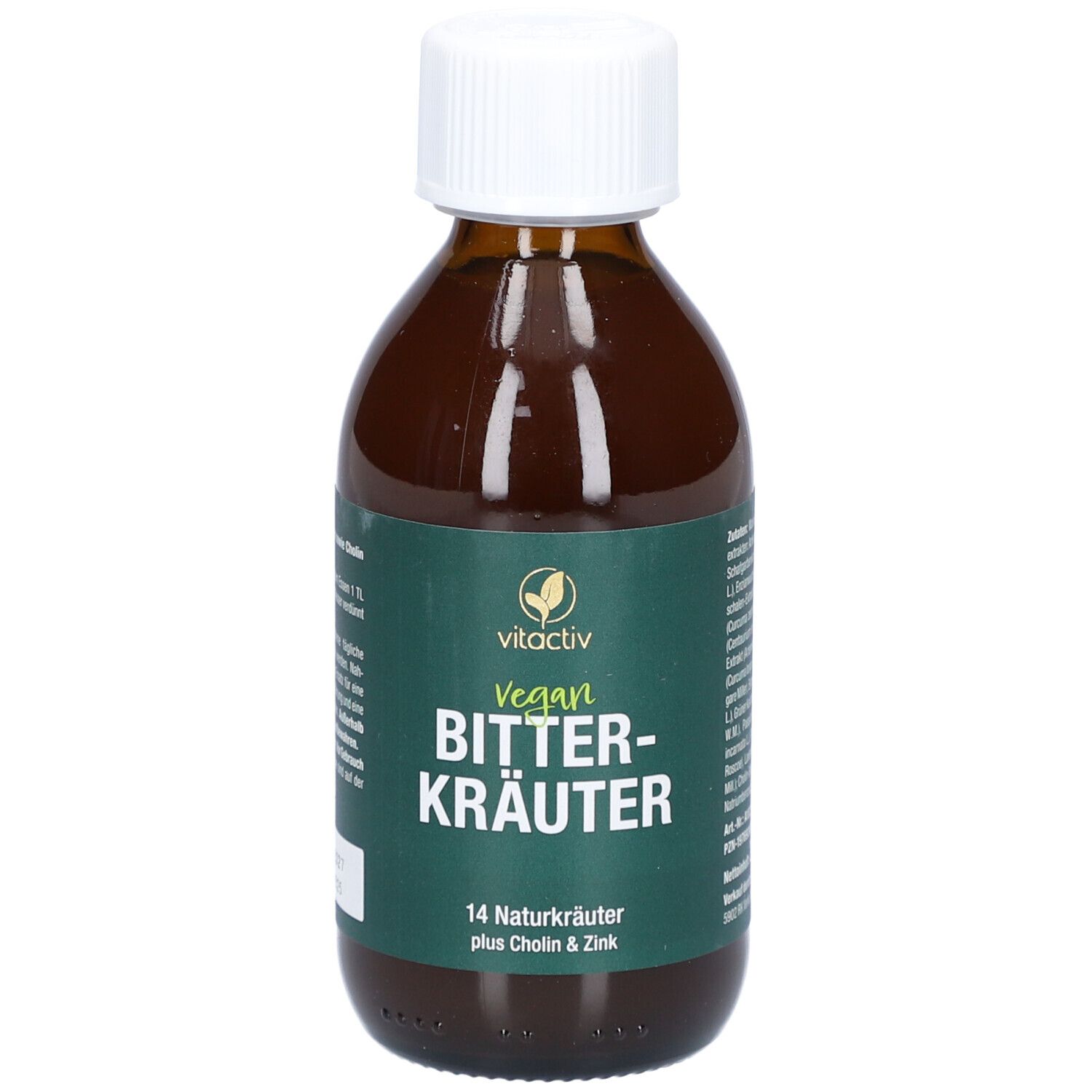 Bouteille marron. Inscription : Vitactiv Bitterkräuter, vegan, 14 herbes naturelles plus Choline & Zinc.