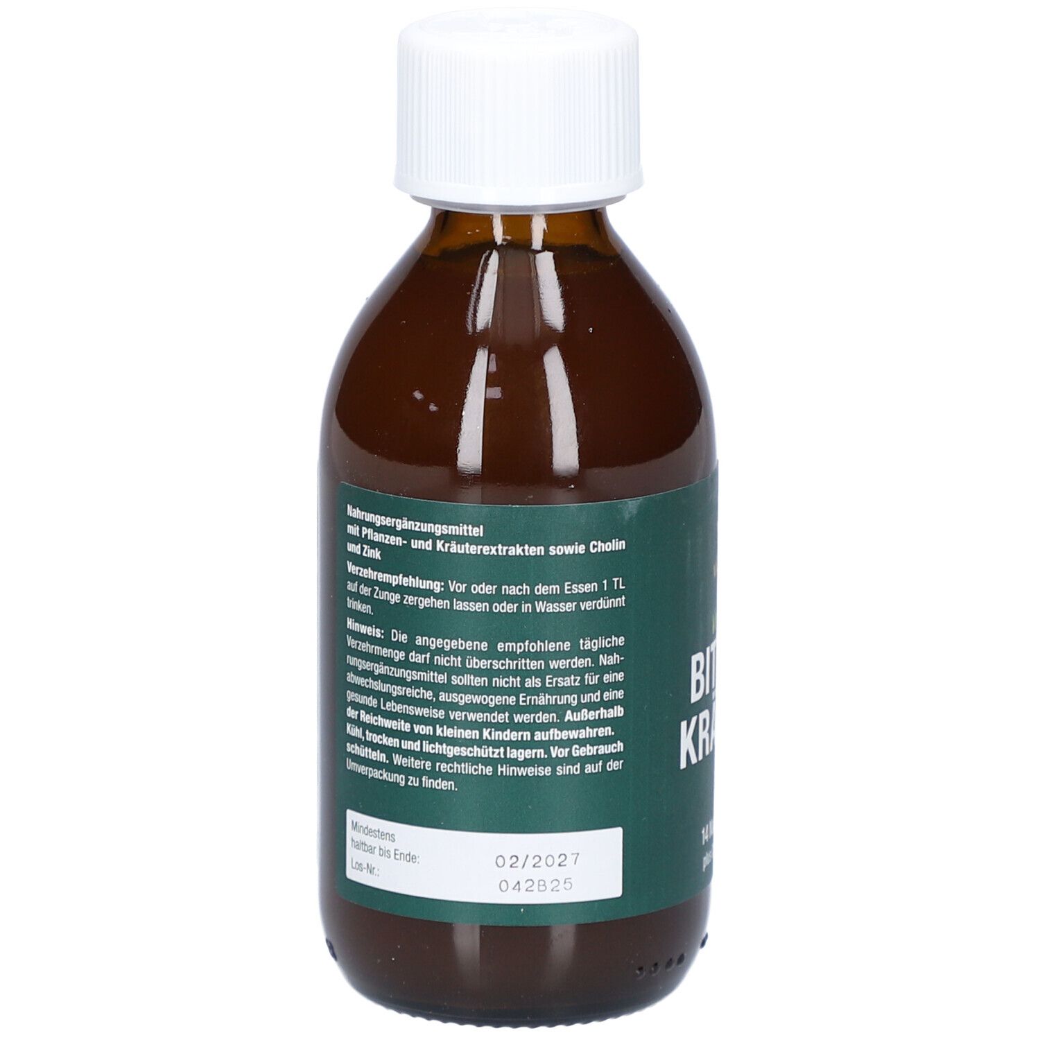 Bouteille marron. Inscription : Vitactiv Bitterkräuter, vegan, 14 herbes naturelles plus Choline & Zinc.