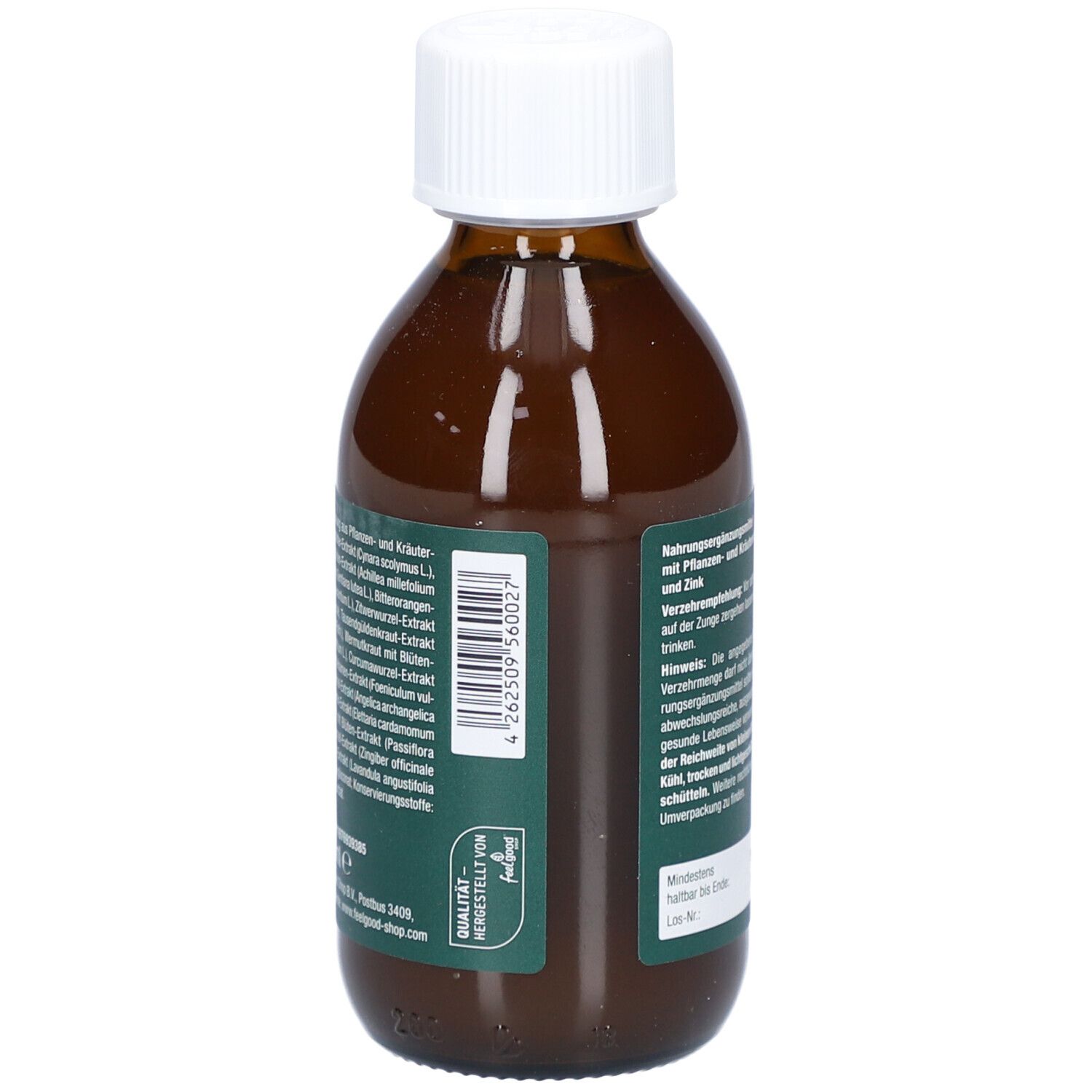 Bouteille marron. Inscription : Vitactiv Bitterkräuter, vegan, 14 herbes naturelles plus Choline & Zinc.