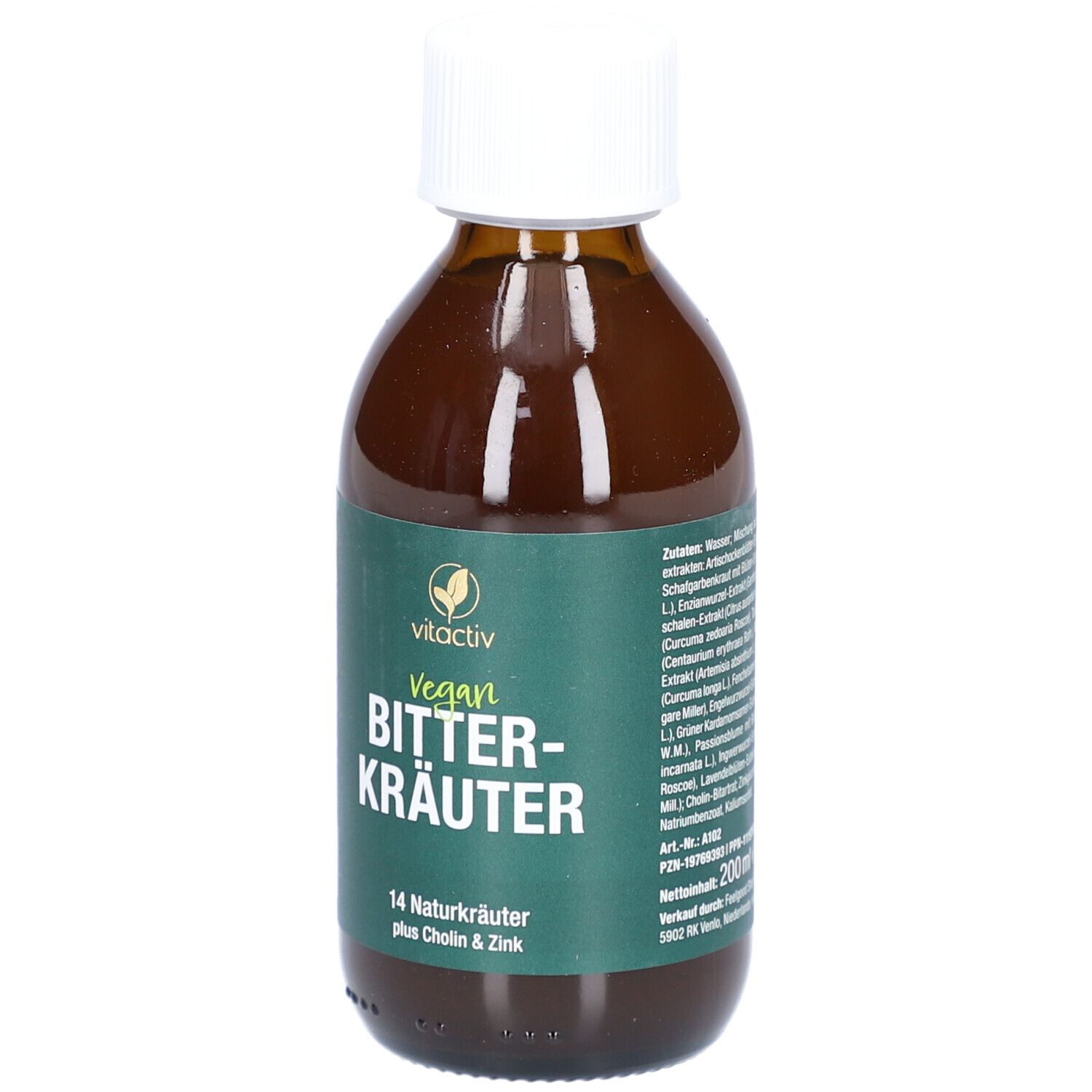 Bouteille marron. Inscription : Vitactiv Bitterkräuter, vegan, 14 herbes naturelles plus Choline & Zinc.