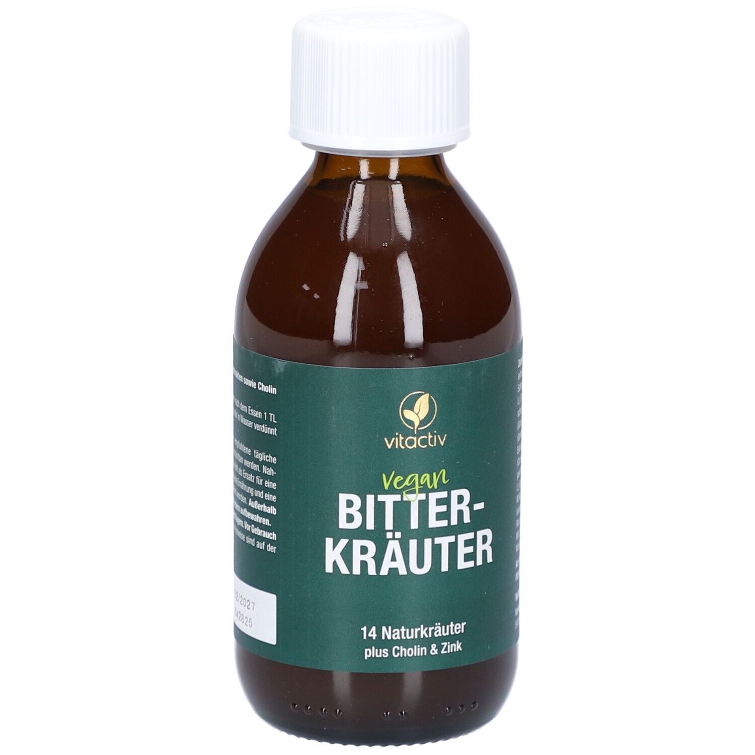 Bouteille marron. Inscription : Vitactiv Bitterkräuter, vegan, 14 herbes naturelles plus Choline & Zinc.