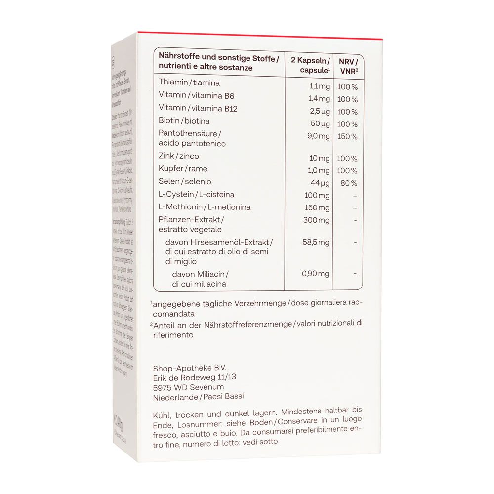 Dos de l'emballage Redcare Vita+ Hair Forte. Contient des informations nutritionnelles et des ingrédients.