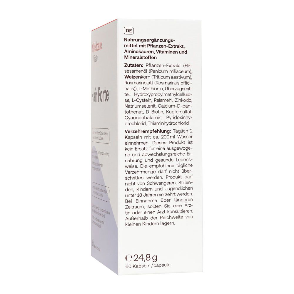 Côté de l'emballage Redcare Vita+ Hair Forte. Contient des informations en allemand.