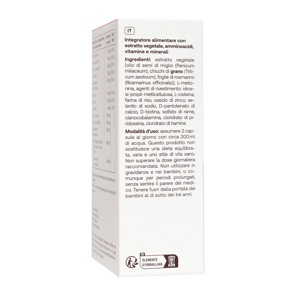 Côté de l'emballage Redcare Vita+ Hair Forte. Contient des informations en italien.