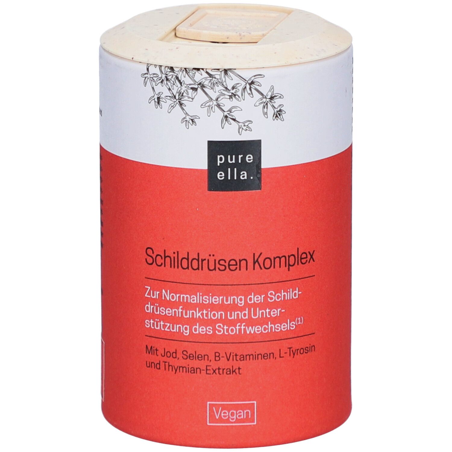 Boîte cylindrique rouge et blanche. Inscription: Schilddrüsen Komplex. Label Vegan.