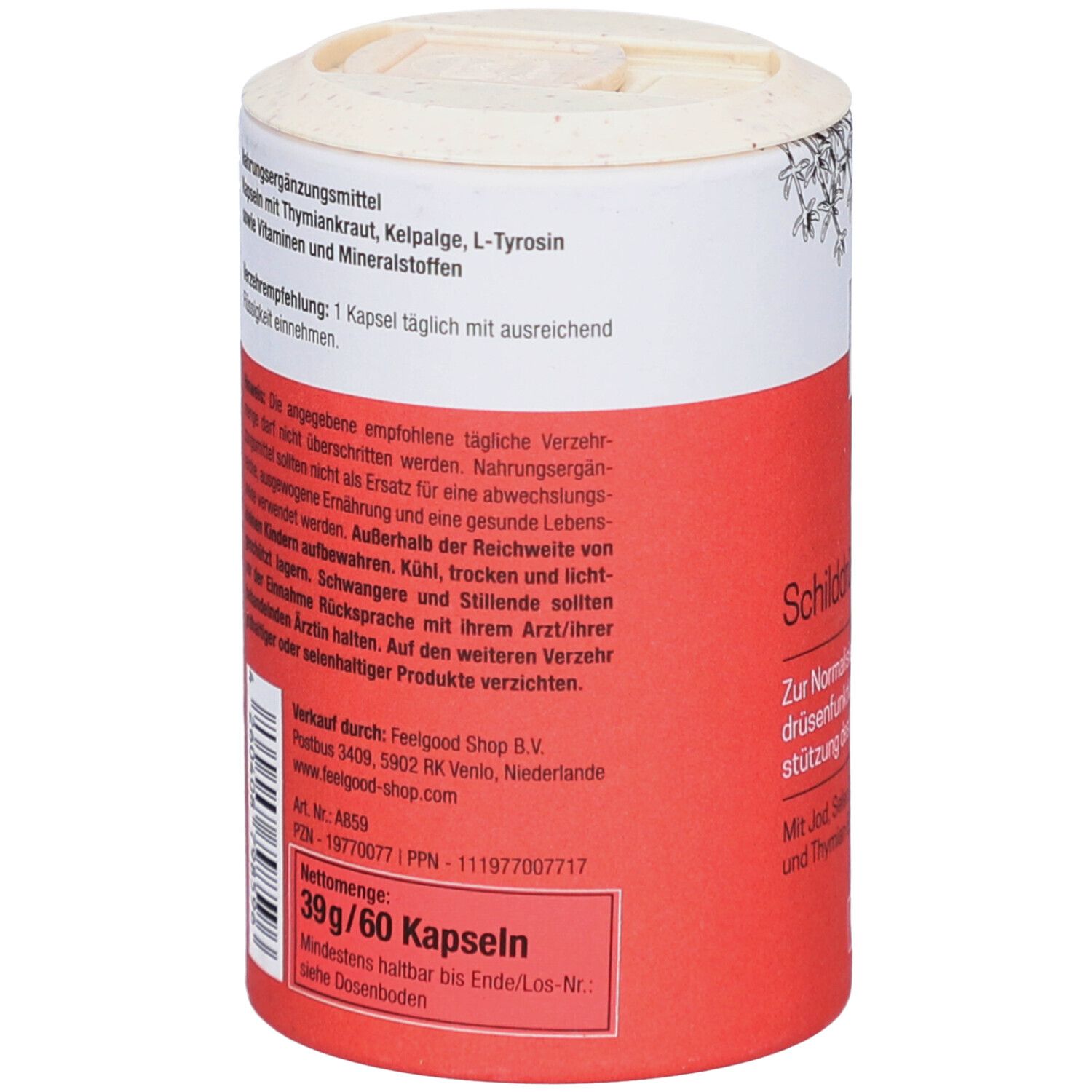 Boîte cylindrique rouge et blanche. Texte: 39g/60 gélules. Informations sur l'utilisation et les ingrédients.