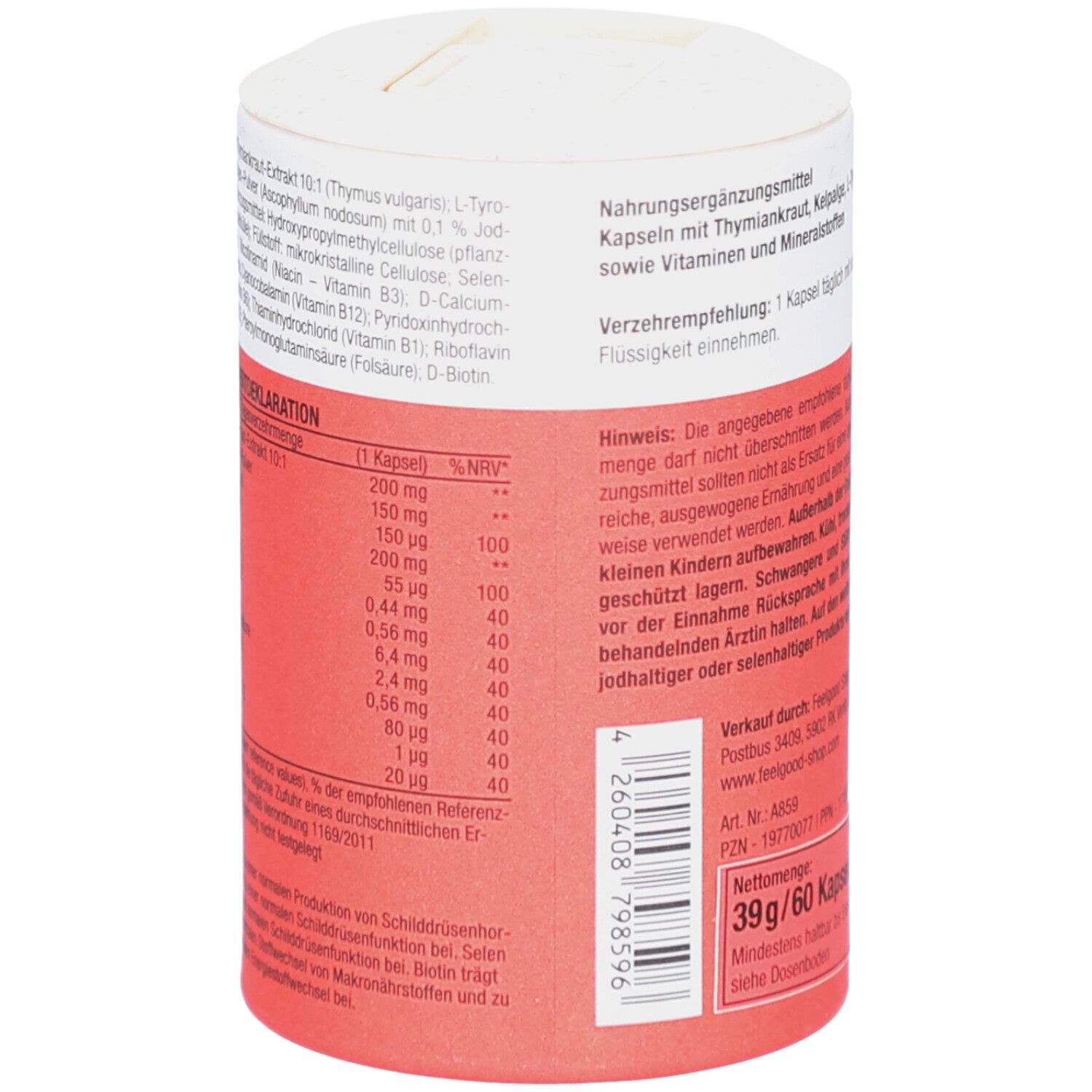 Boîte cylindrique rouge et blanche. Déclaration nutritionnelle et ingrédients. Texte en allemand.