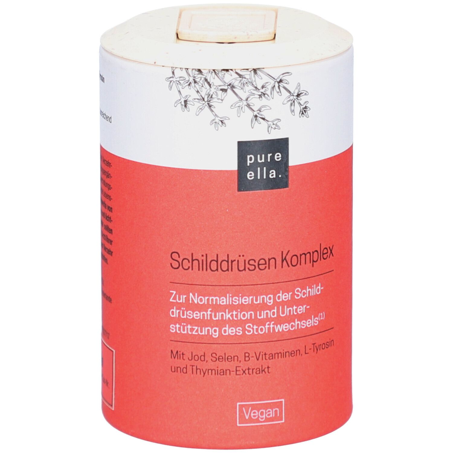 Boîte cylindrique rouge et blanche. Inscription: Schilddrüsen Komplex. Label Vegan.