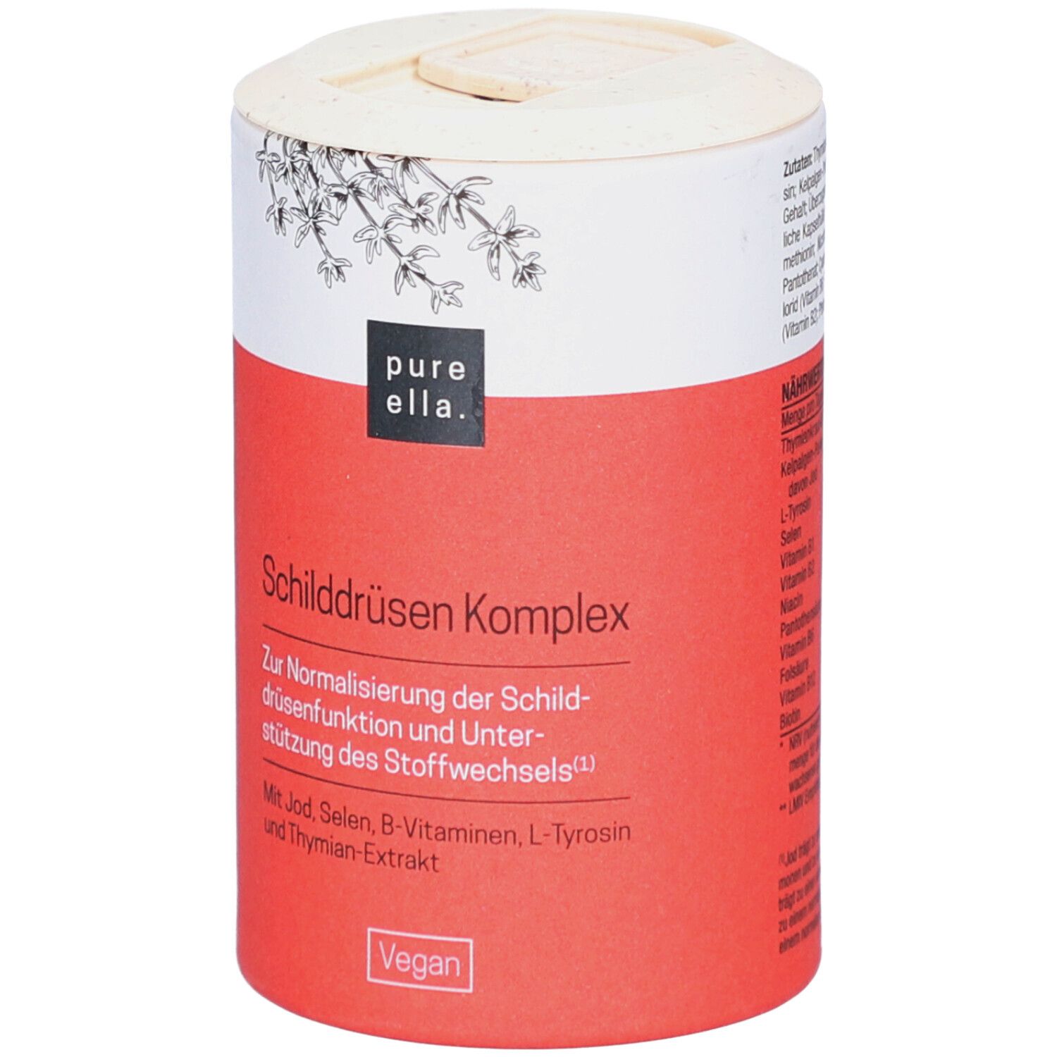 Boîte cylindrique rouge et blanche. Inscription: Schilddrüsen Komplex. Label Vegan.