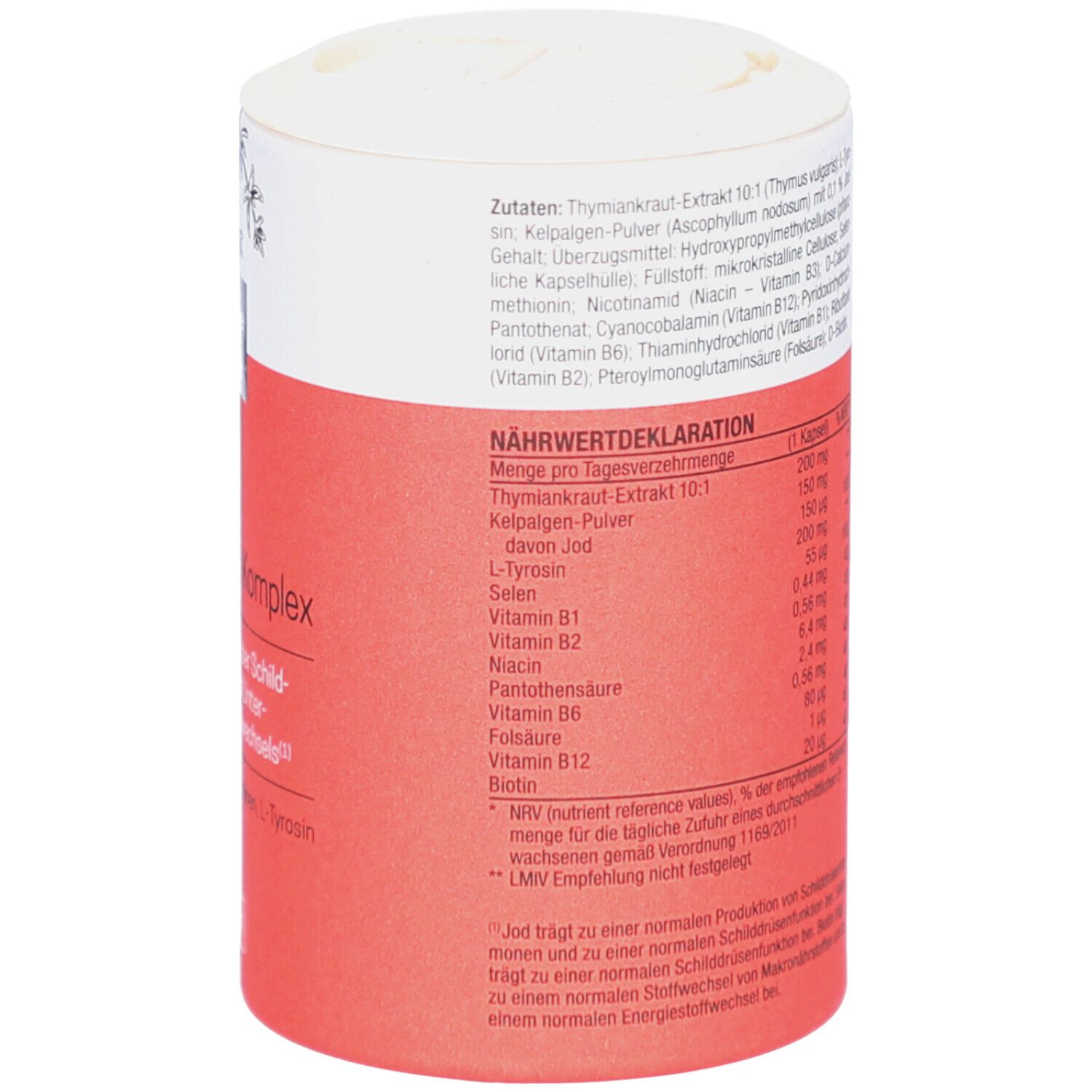 Boîte cylindrique rouge et blanche. Déclaration nutritionnelle et ingrédients. Texte en allemand.